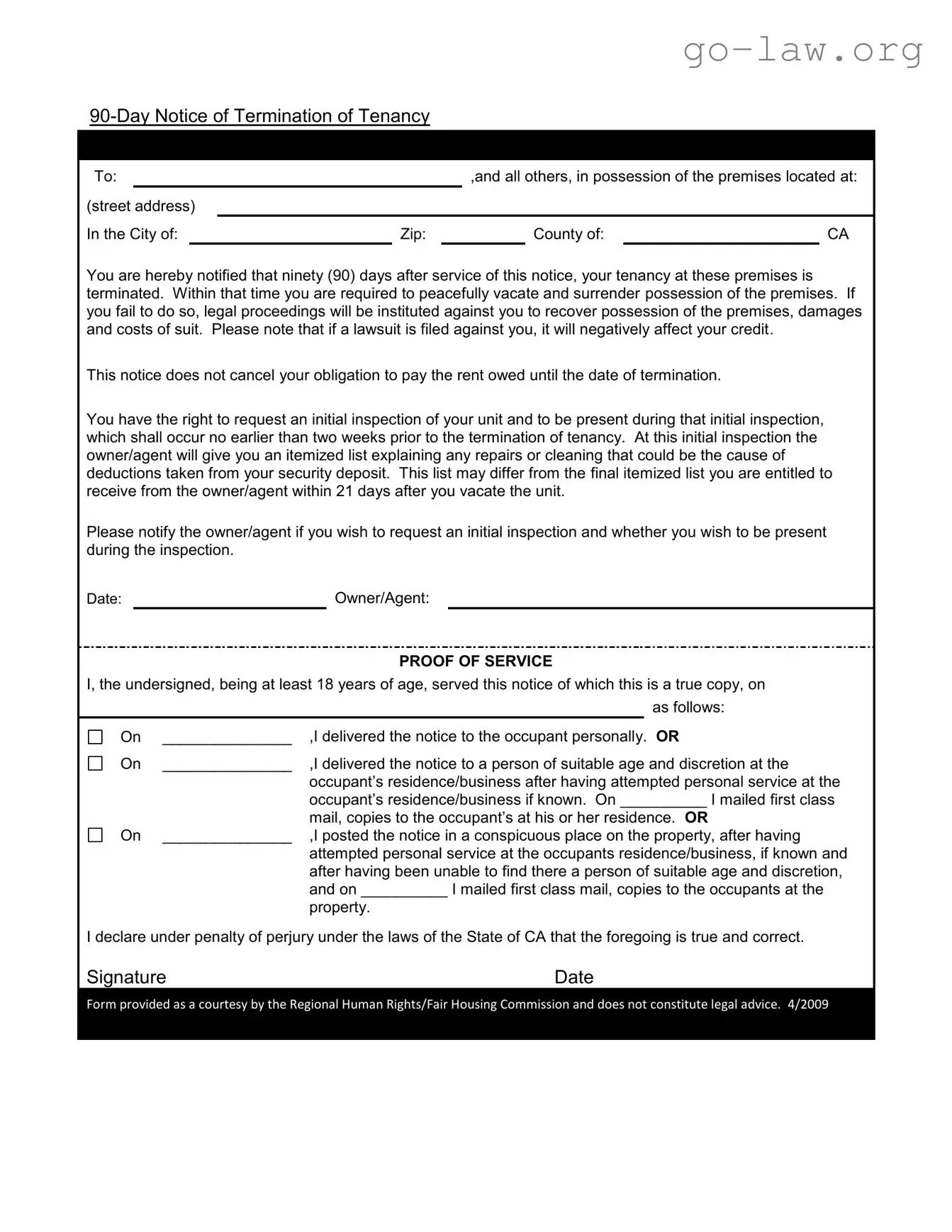 Download 90 Day Notice To Move Out Form in PDF