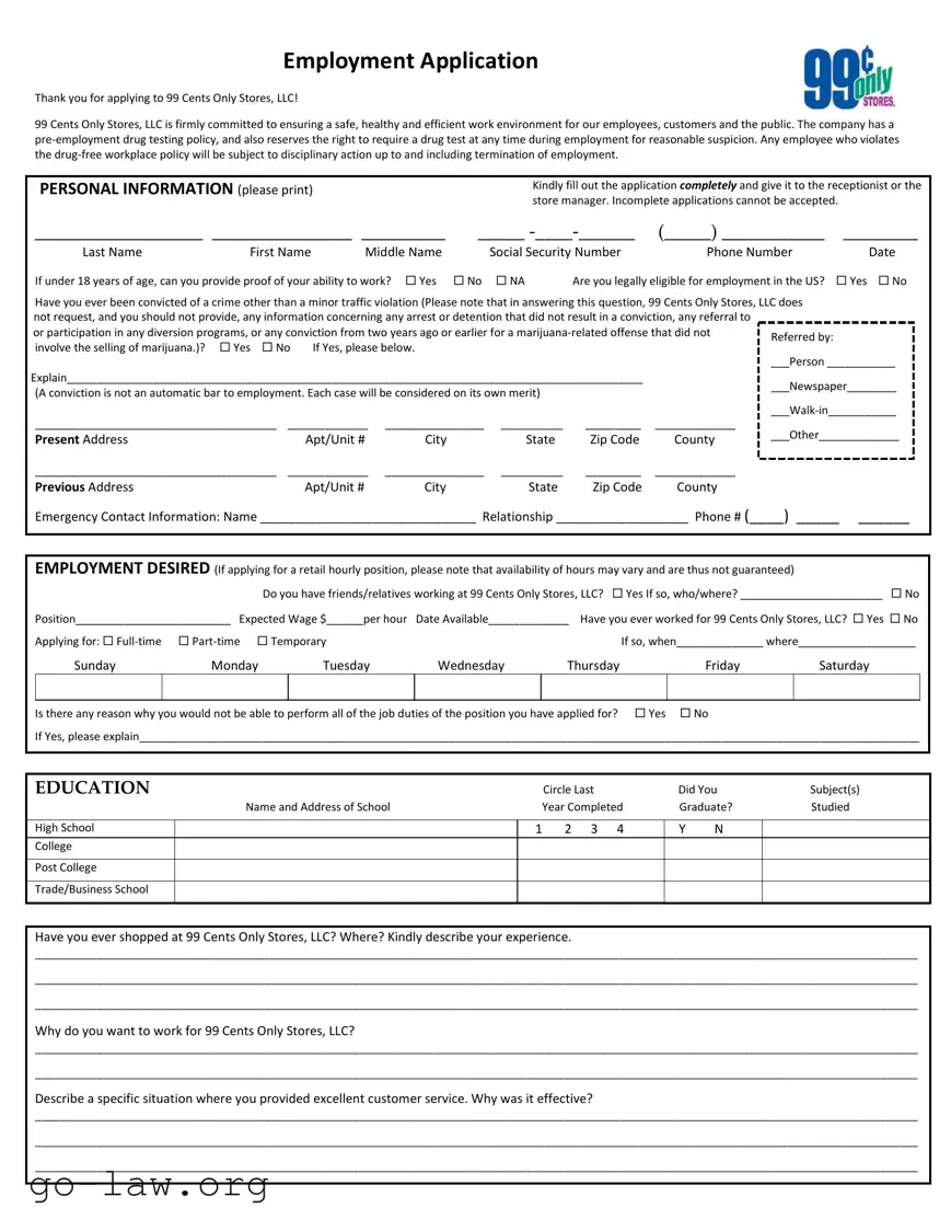 Download 99 Cent Job Application Form in PDF