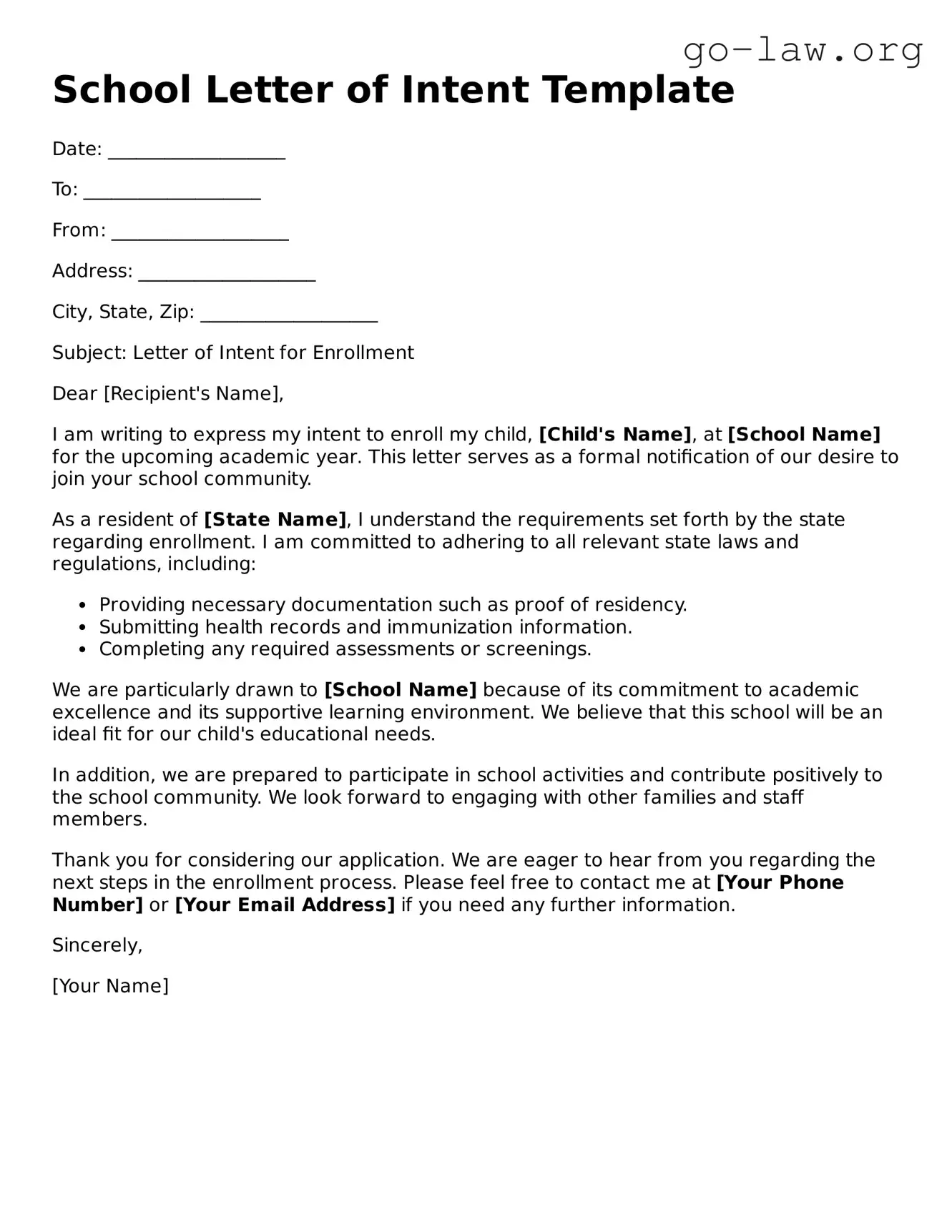 Blank School Letter of Intent Template