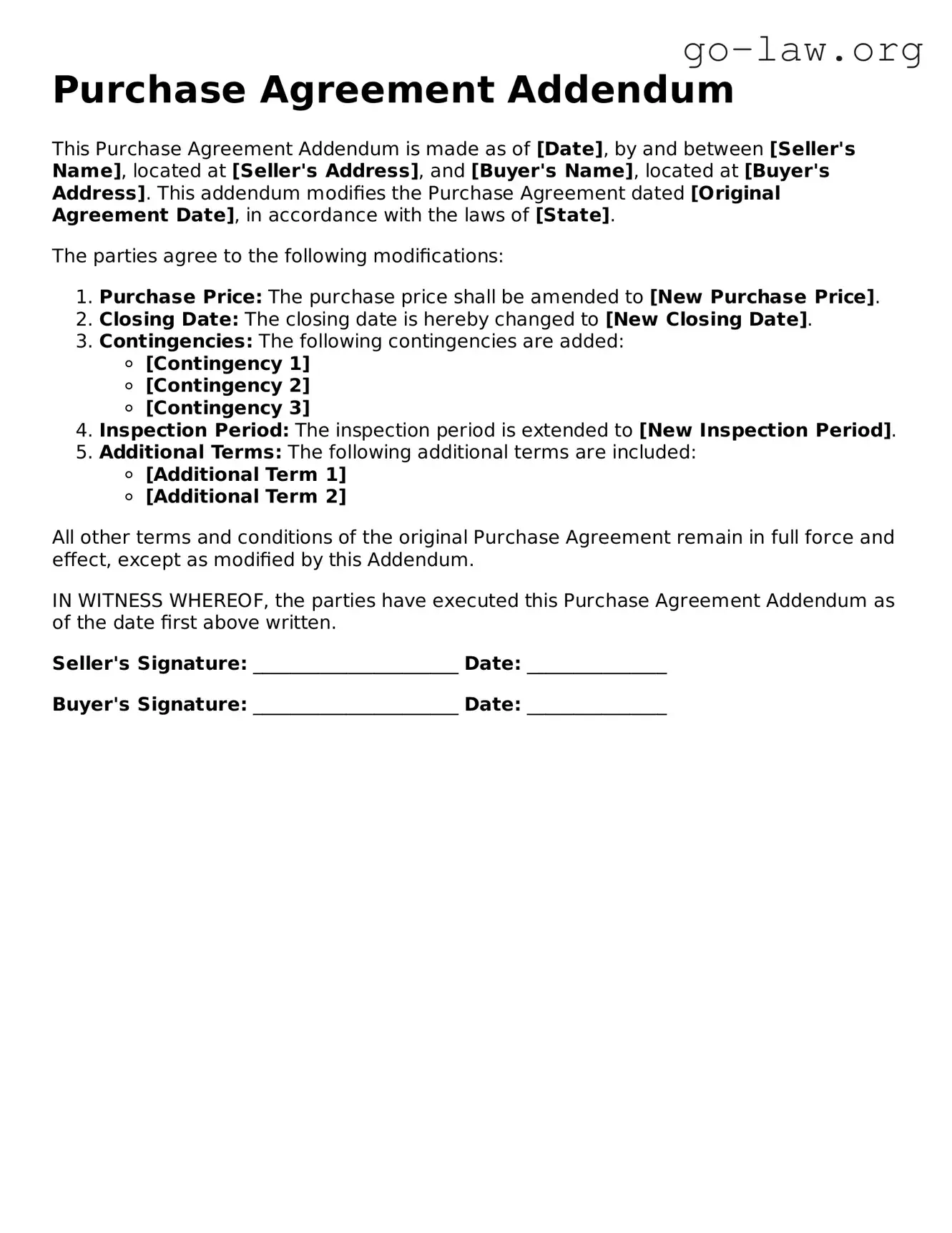 Blank Purchase Agreement Addendum Template