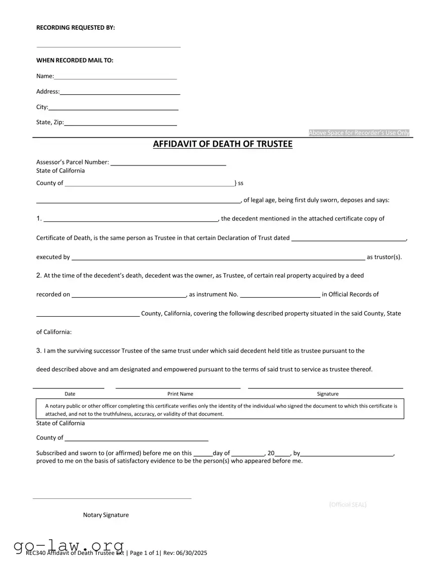 Download California Affidavit of Death of a Trustee Form in PDF