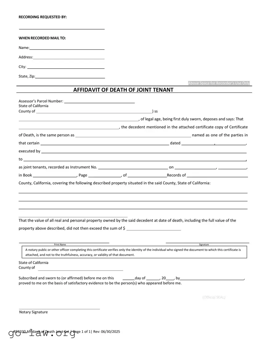 Download California Death of a Joint Tenant Affidavit Form in PDF