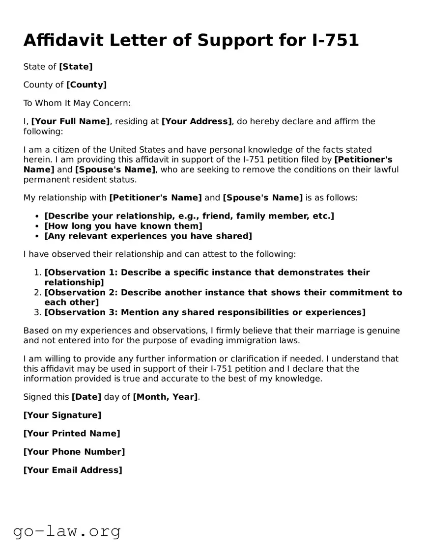 Blank Affidavit Letter of Support for I-751 Template