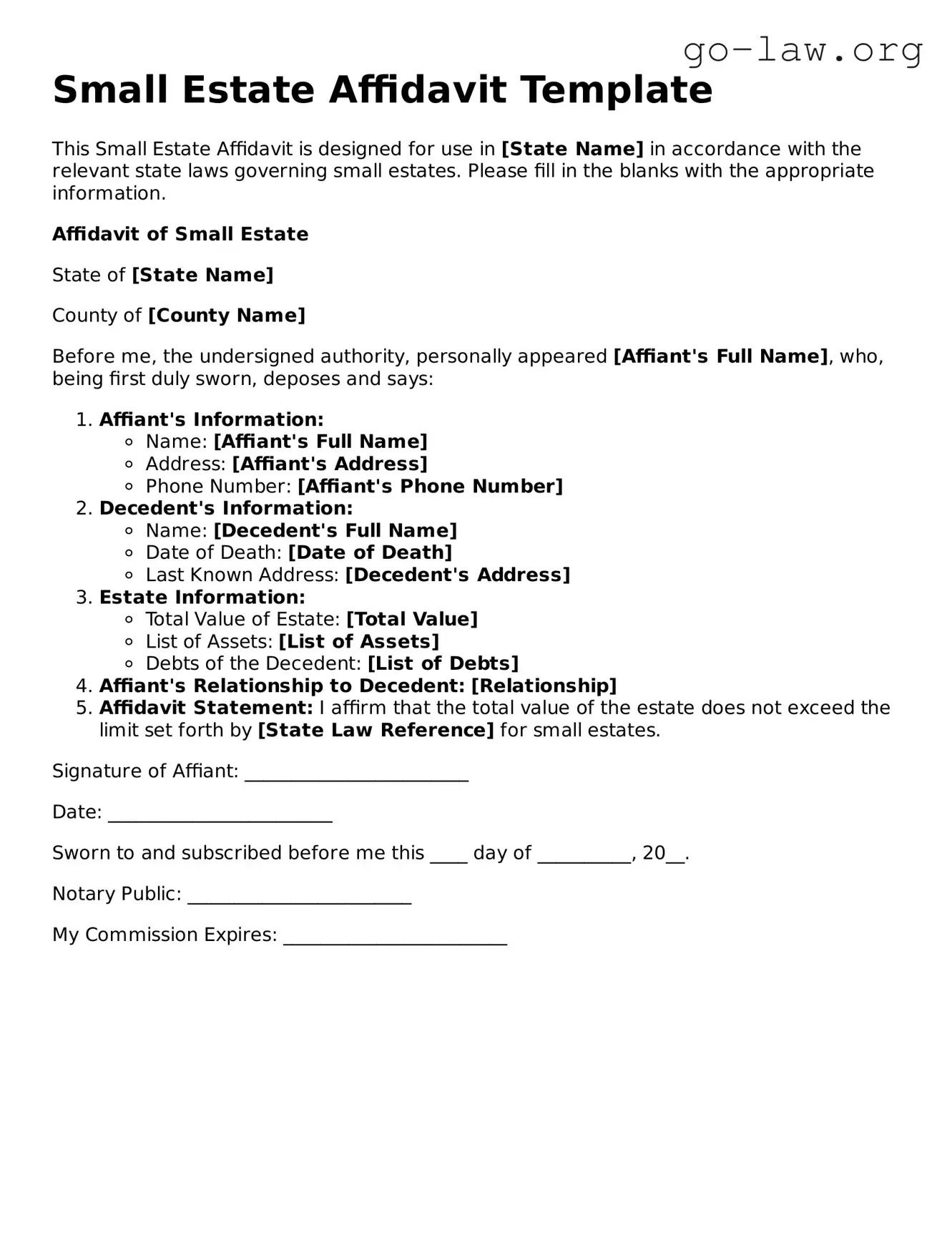 Blank Small Estate Affidavit Template