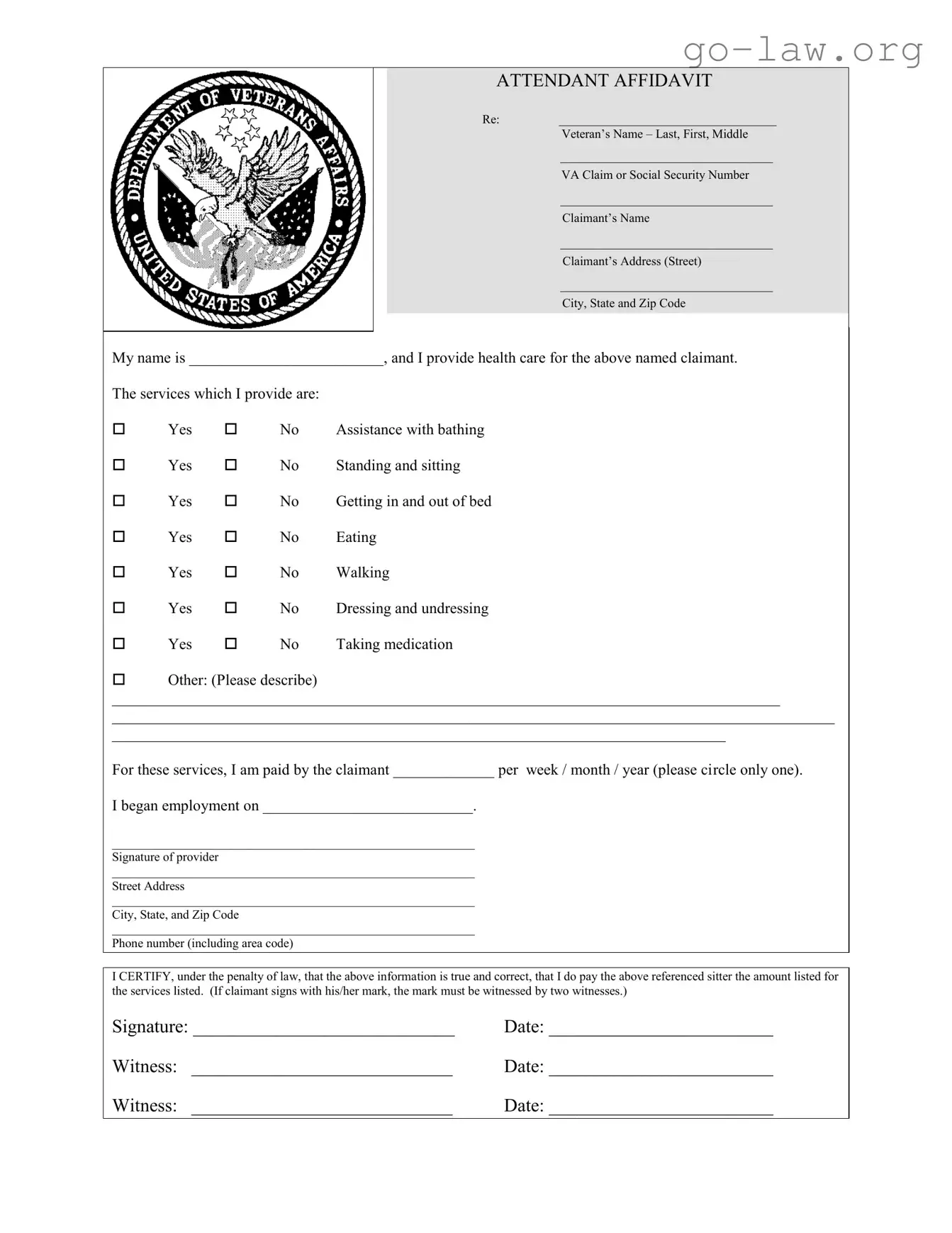 Download Veterans Affair Attendant Affidavit Form in PDF