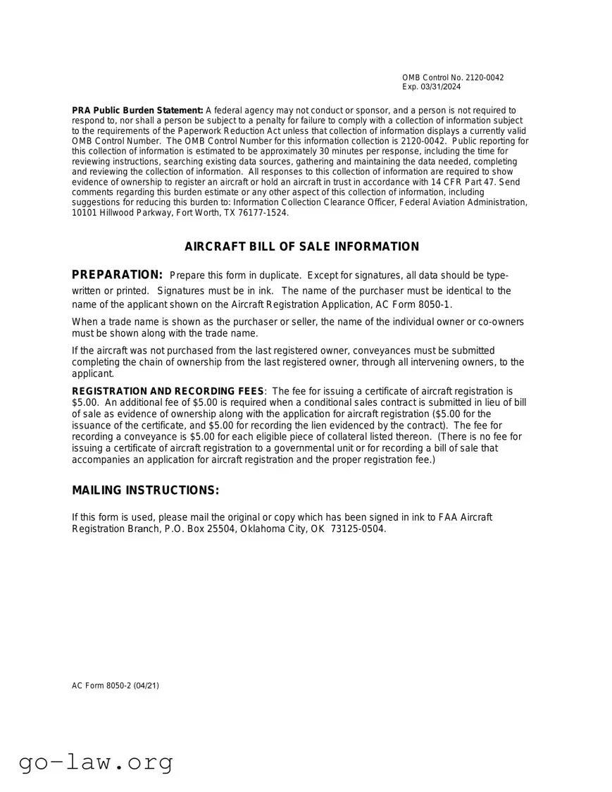 Download Aircraft Bill of Sale AC 8050-2 Form in PDF