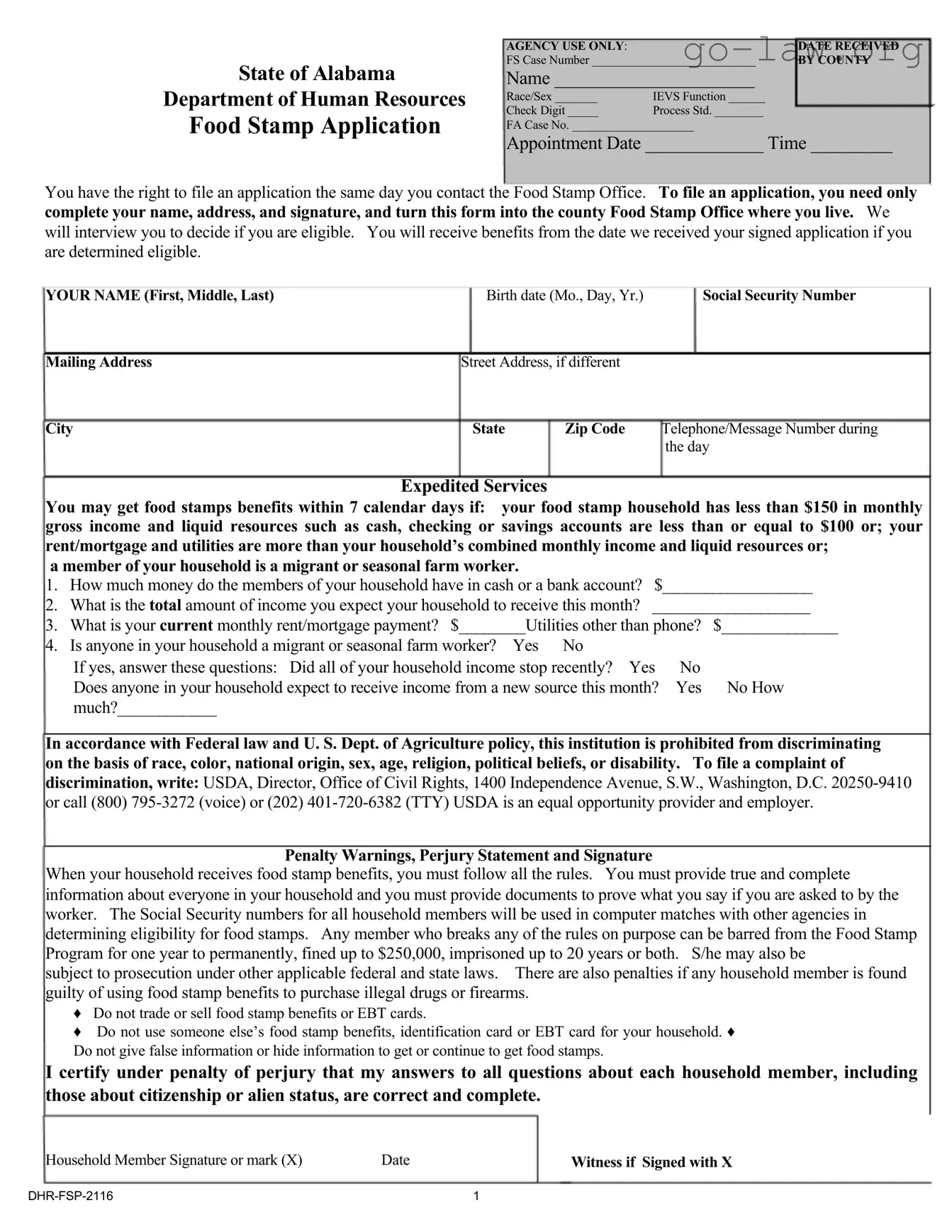 Download Food Stamp Application Alabama Form in PDF
