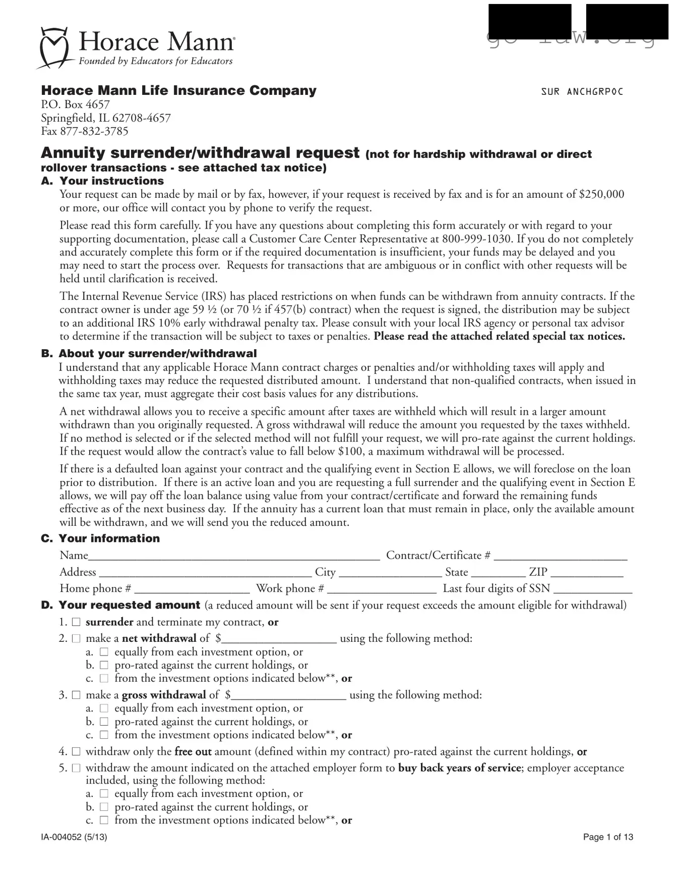 Download Horace Mann Annuity Surrender Form in PDF