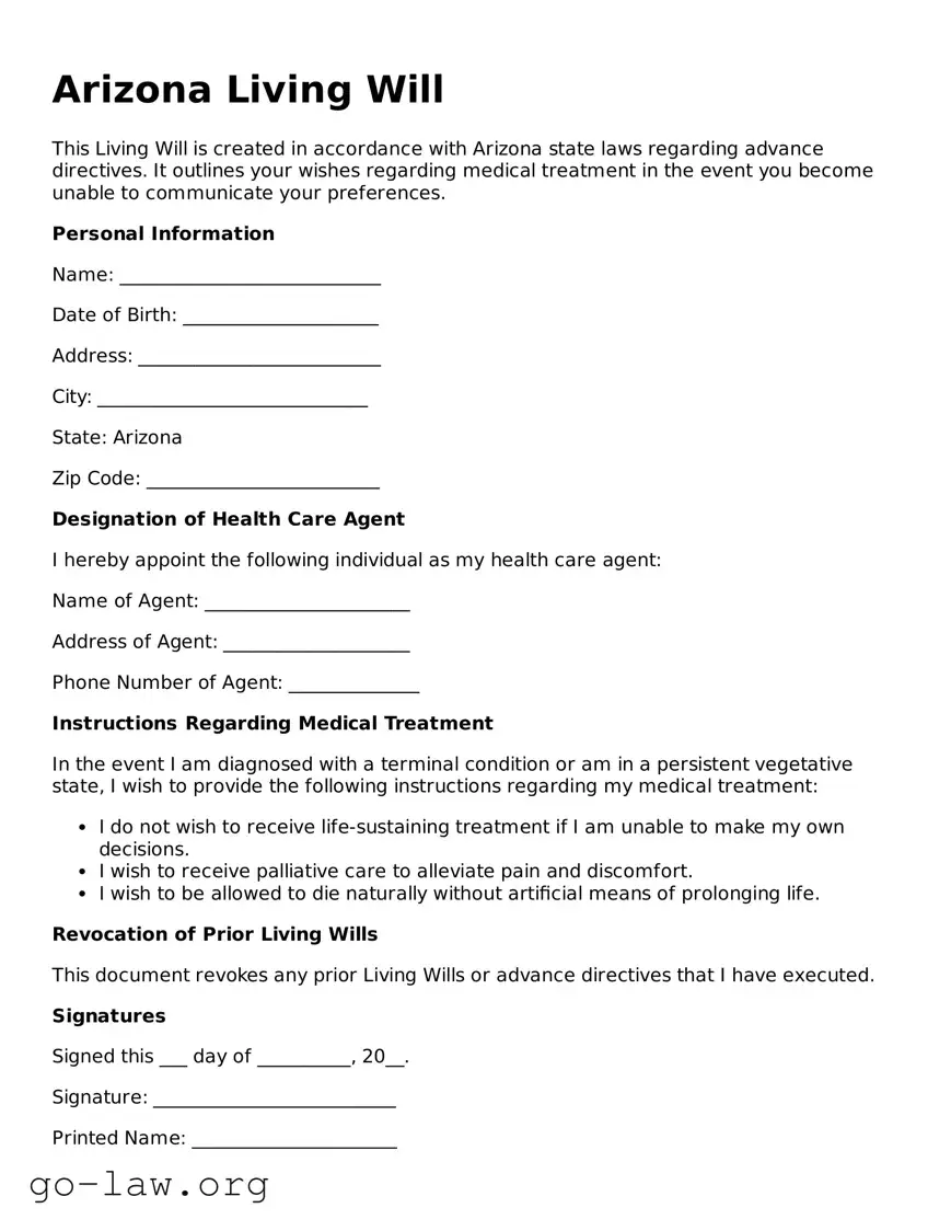 Fillable Arizona Living Will Form