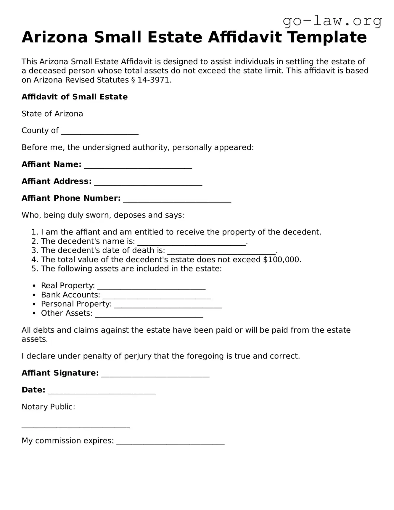 Fillable Arizona Small Estate Affidavit Form