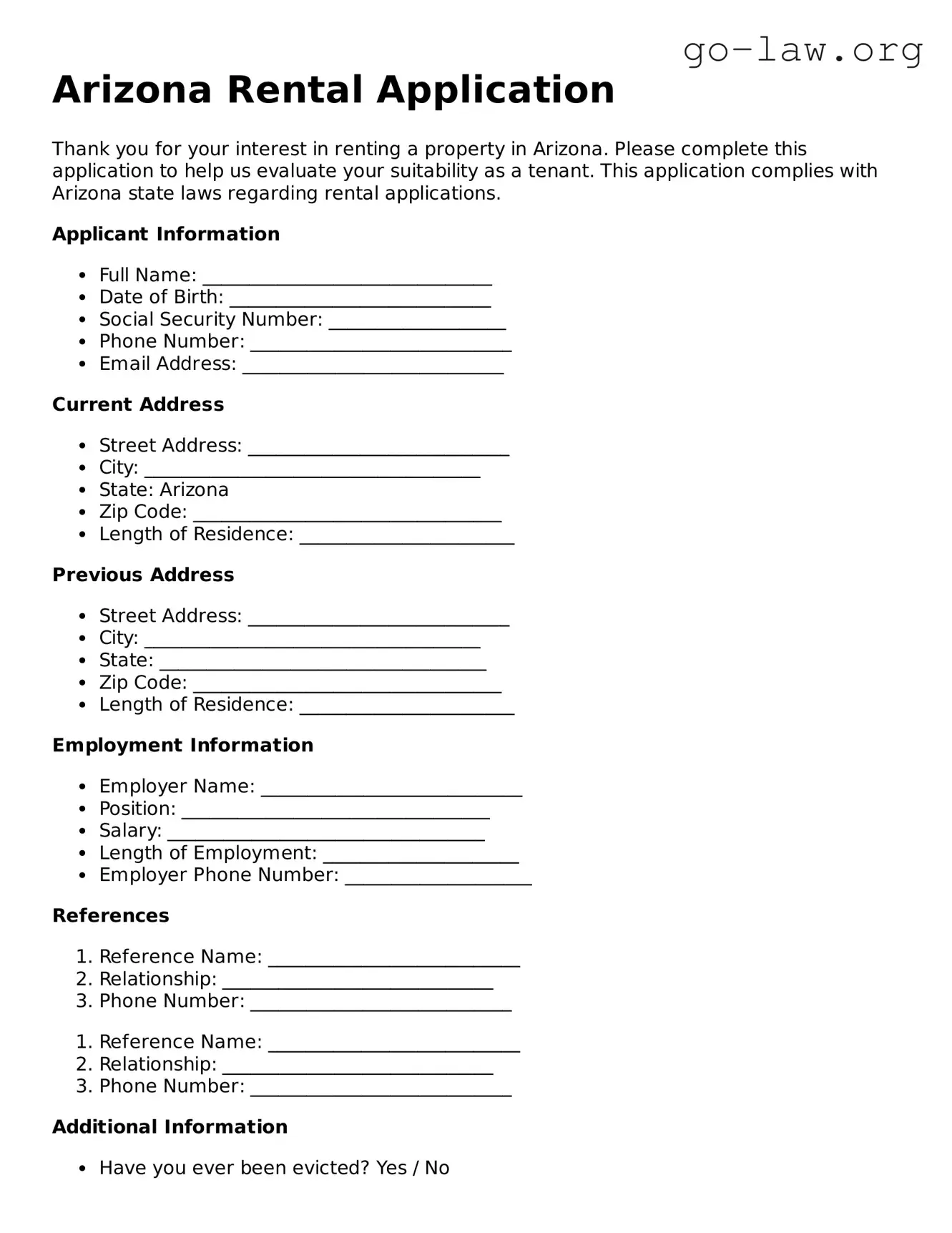 Fillable Arizona Rental Application Form