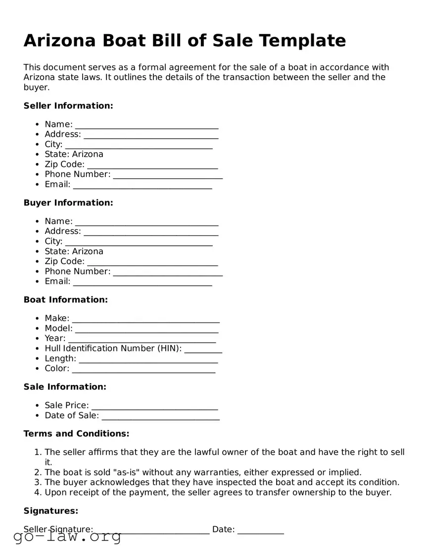 Fillable Arizona Boat Bill of Sale Form