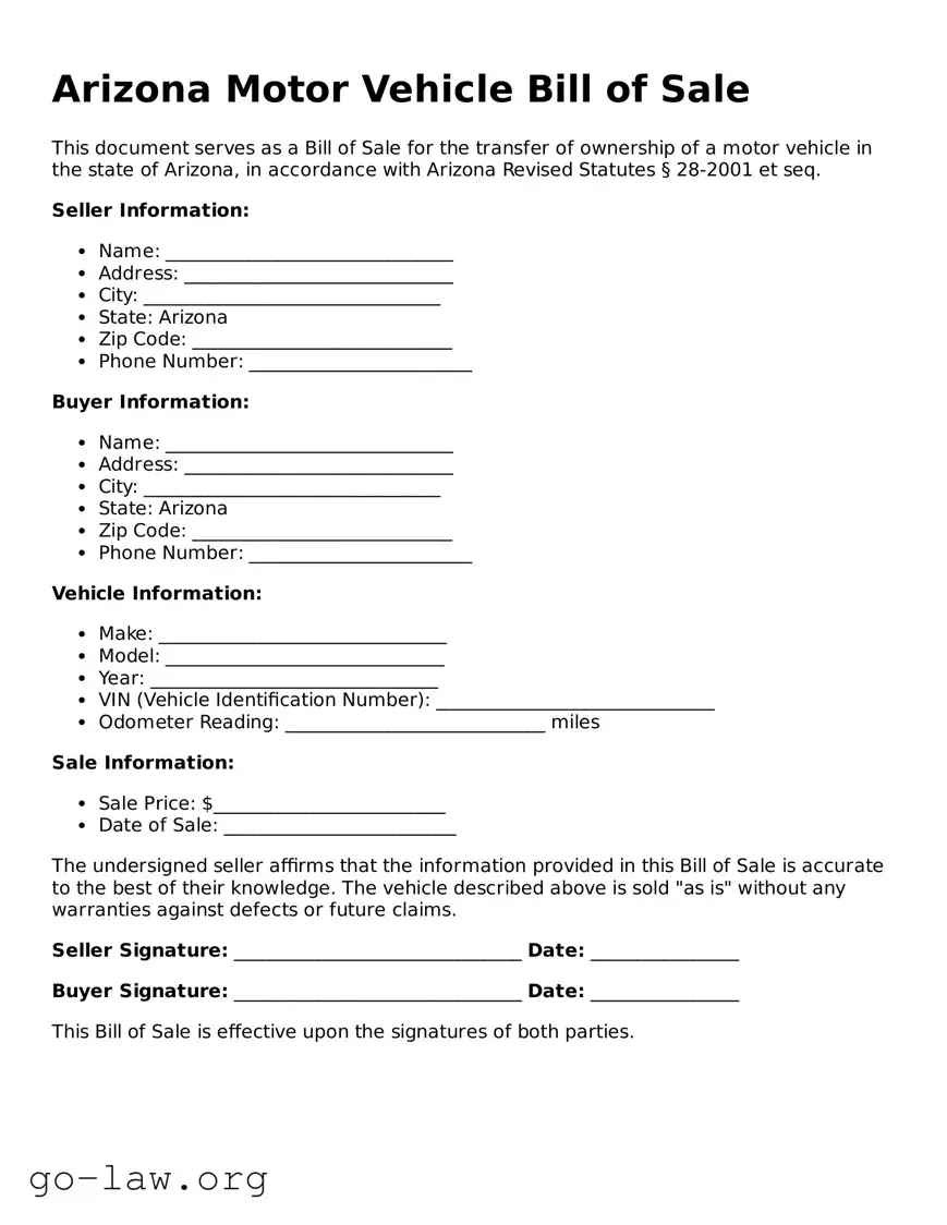 Fillable Arizona Motor Vehicle Bill of Sale Form