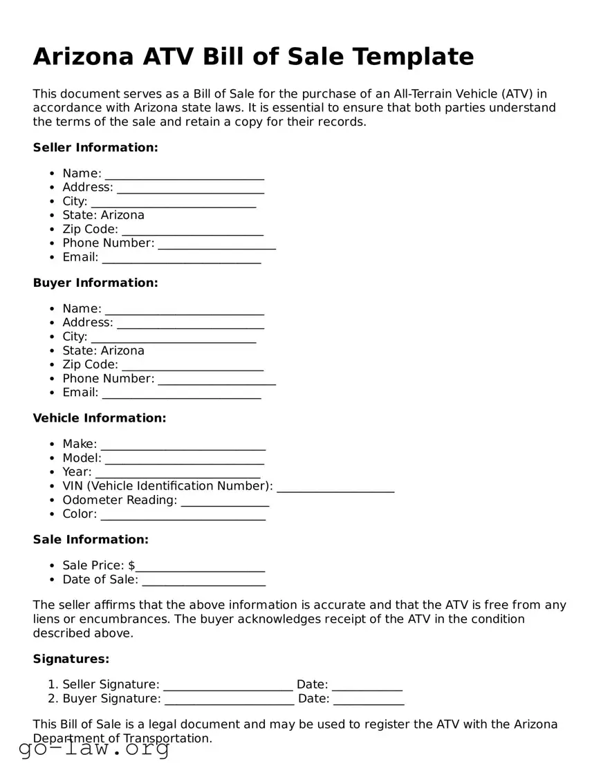 Fillable Arizona ATV Bill of Sale Form