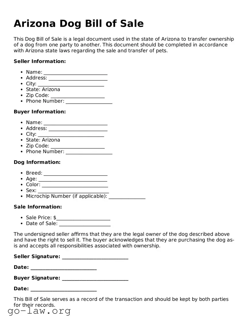Fillable Arizona Dog Bill of Sale Form