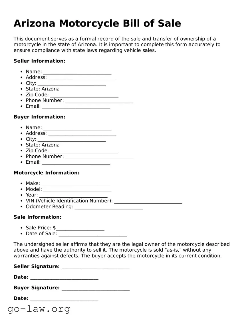 Fillable Arizona Motorcycle Bill of Sale Form