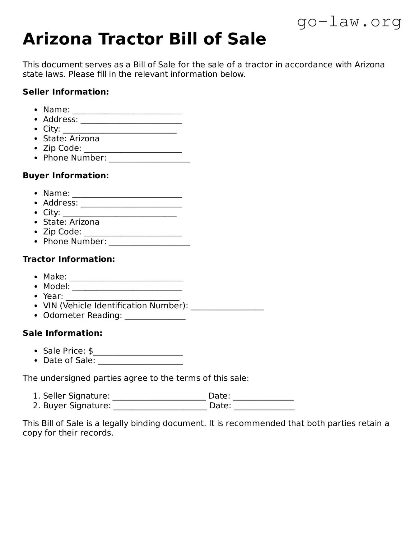 Fillable Arizona Tractor Bill of Sale Form