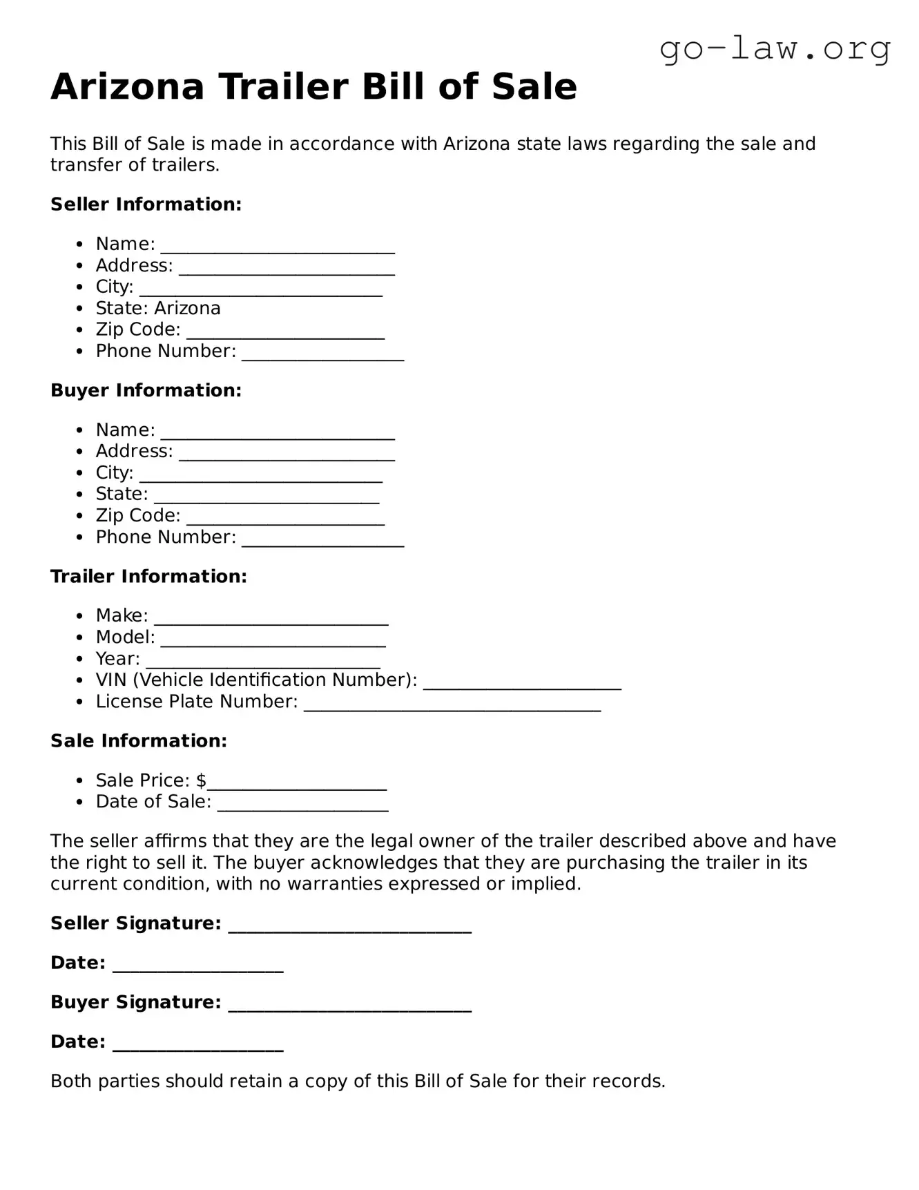 Fillable Arizona Trailer Bill of Sale Form