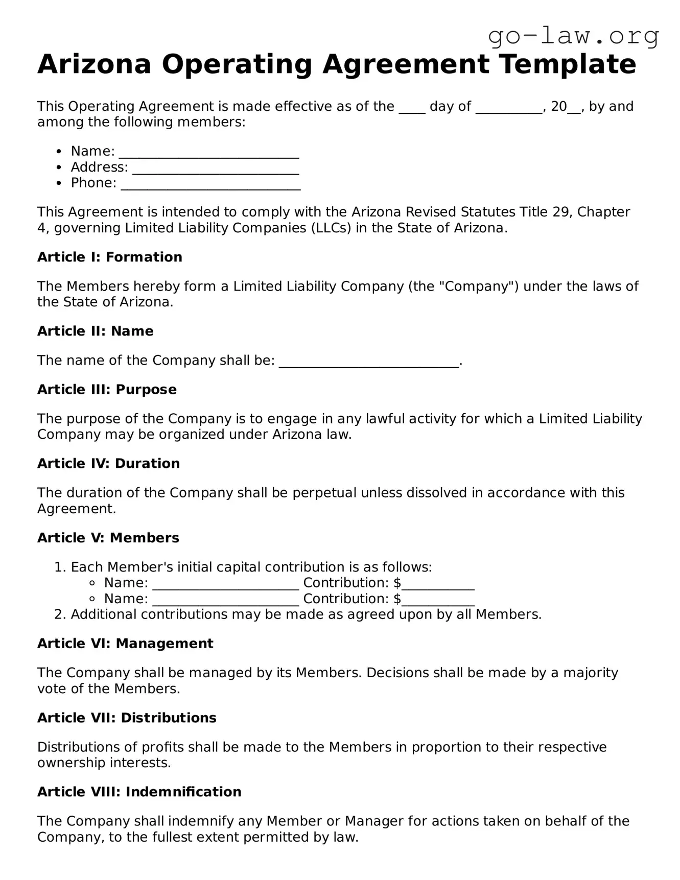 Fillable Arizona Operating Agreement Form