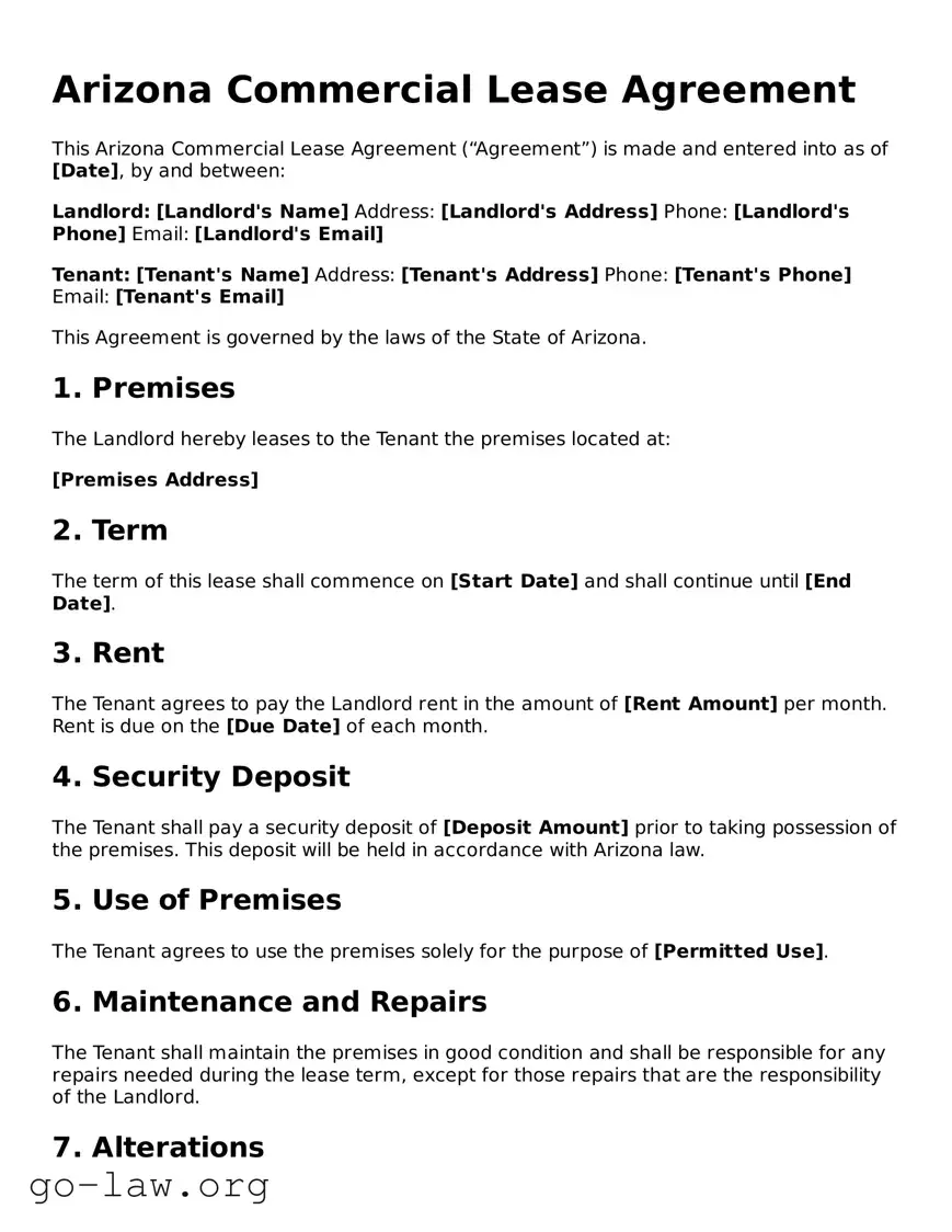 Fillable Arizona Commercial Lease Agreement Form