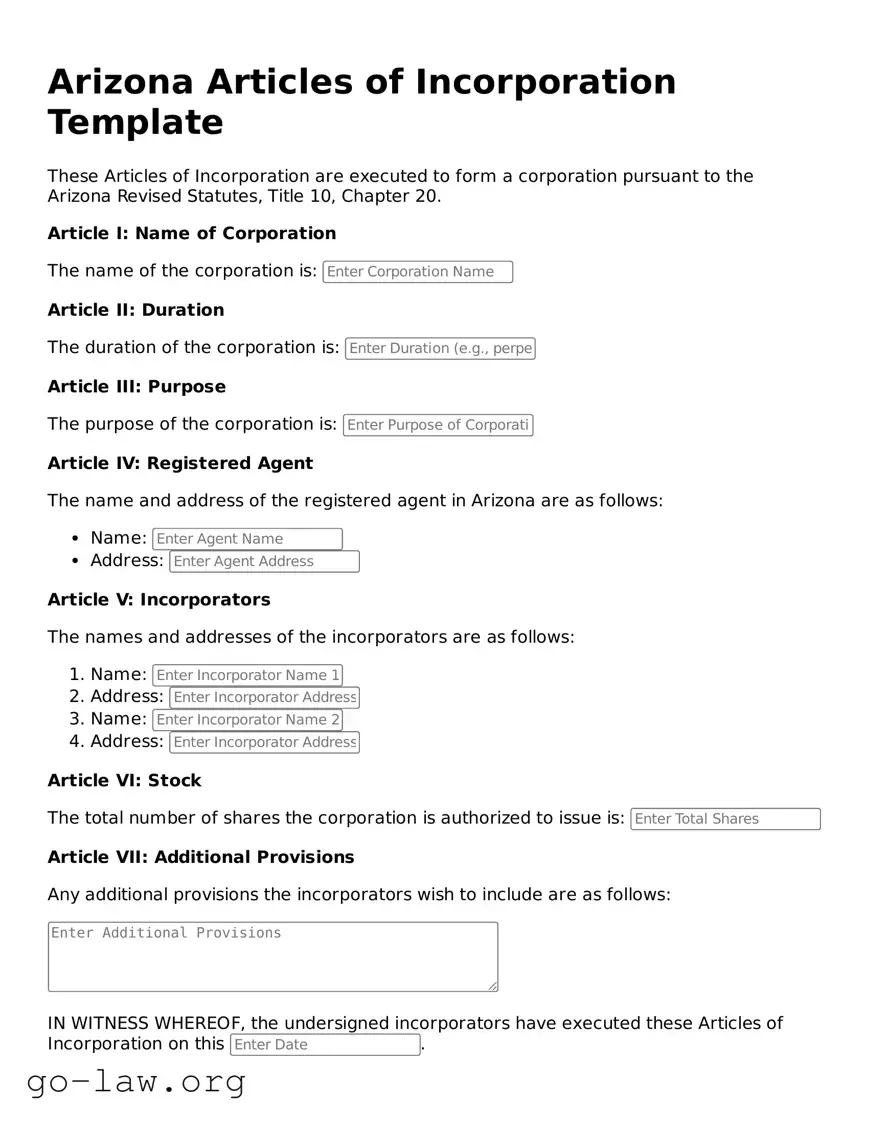 Fillable Arizona Articles of Incorporation Form