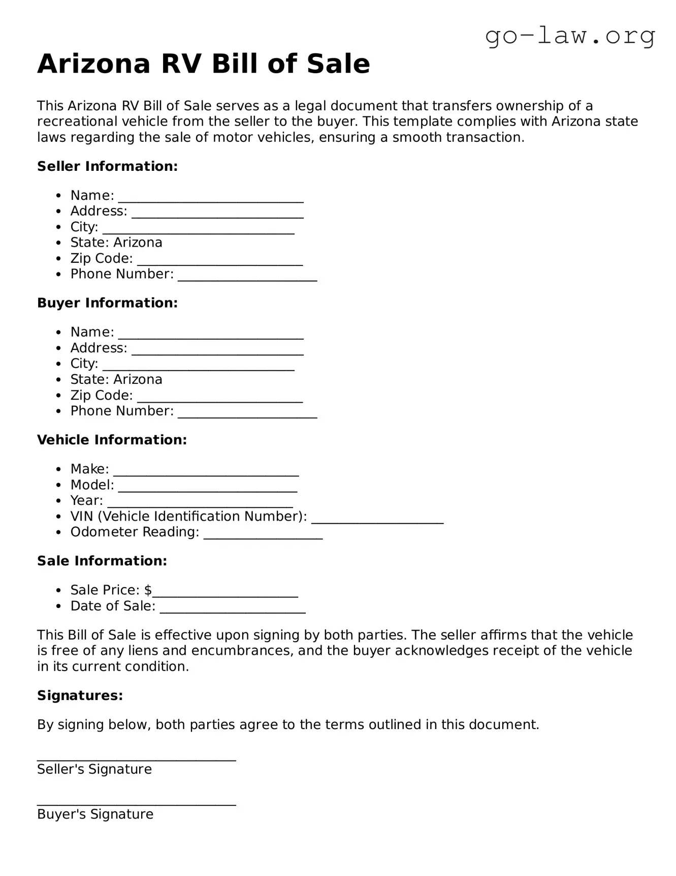 Fillable Arizona RV Bill of Sale Form