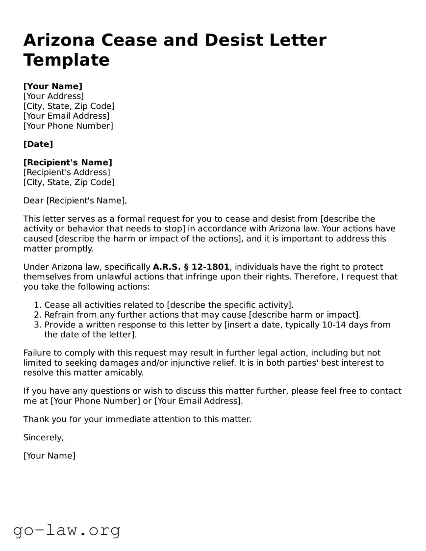 Fillable Arizona Cease and Desist Letter Form