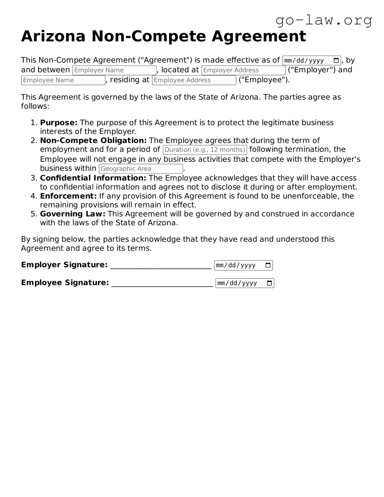 Fillable Arizona Non-compete Agreement Form