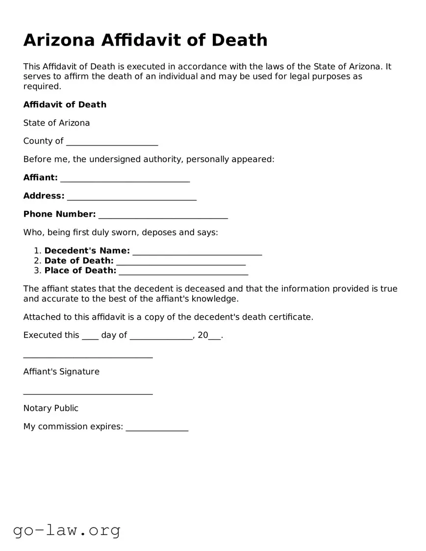 Fillable Arizona Affidavit of Death Form