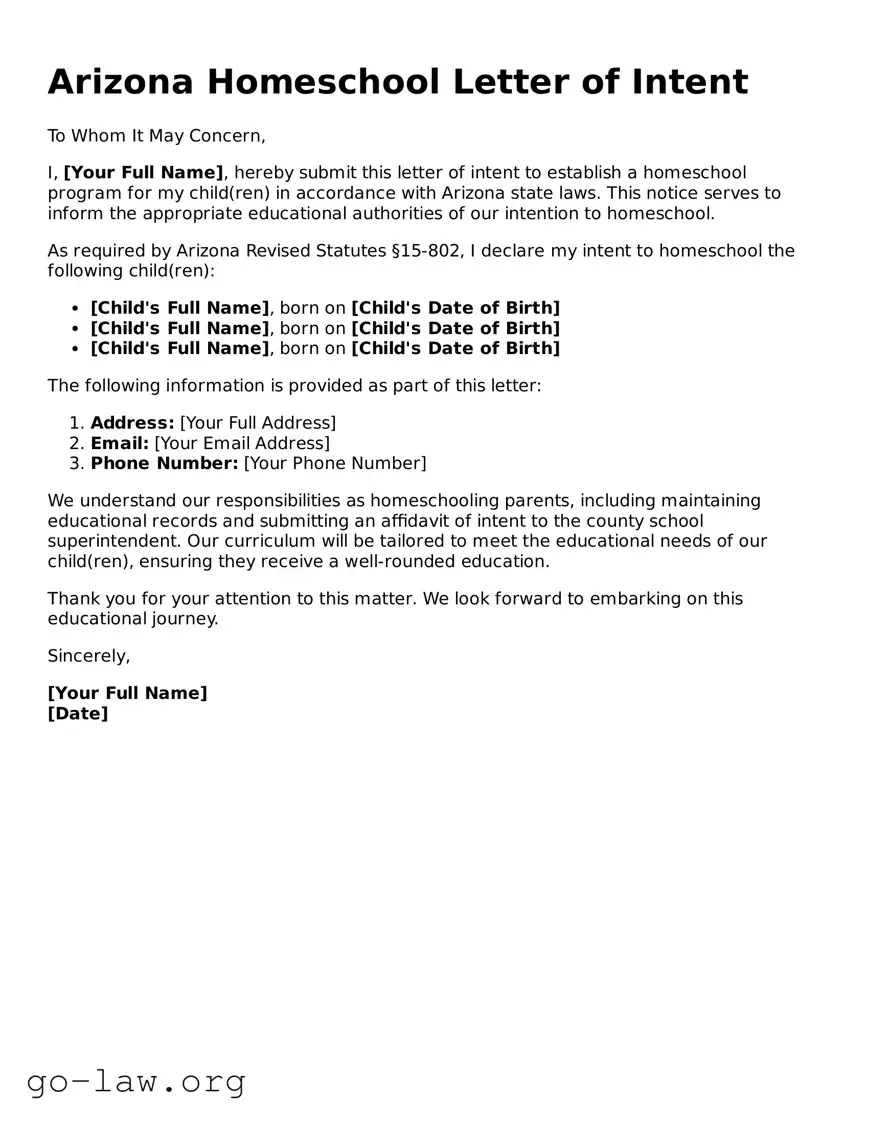 Fillable Arizona Homeschool Letter of Intent Form