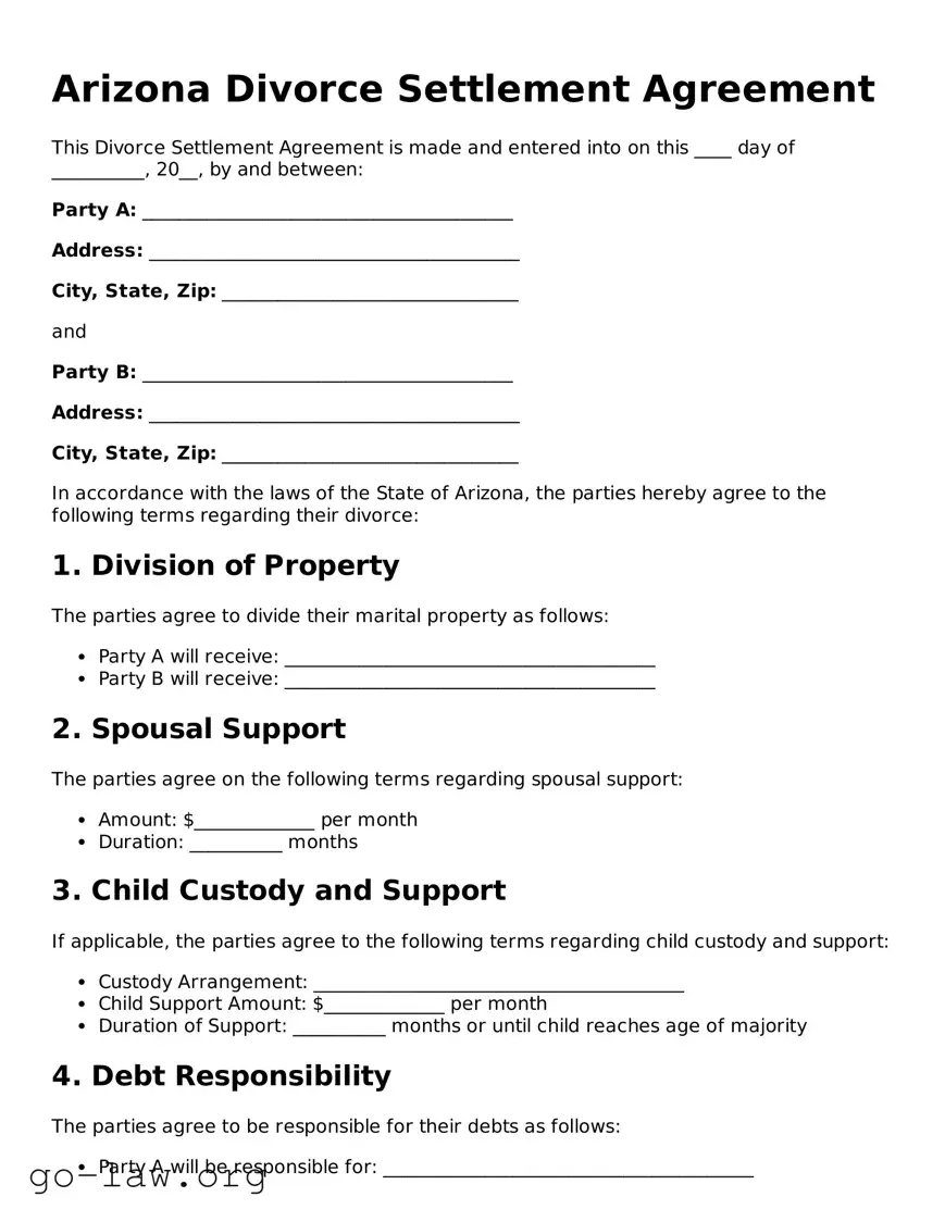 Fillable Arizona Divorce Settlement Agreement Form