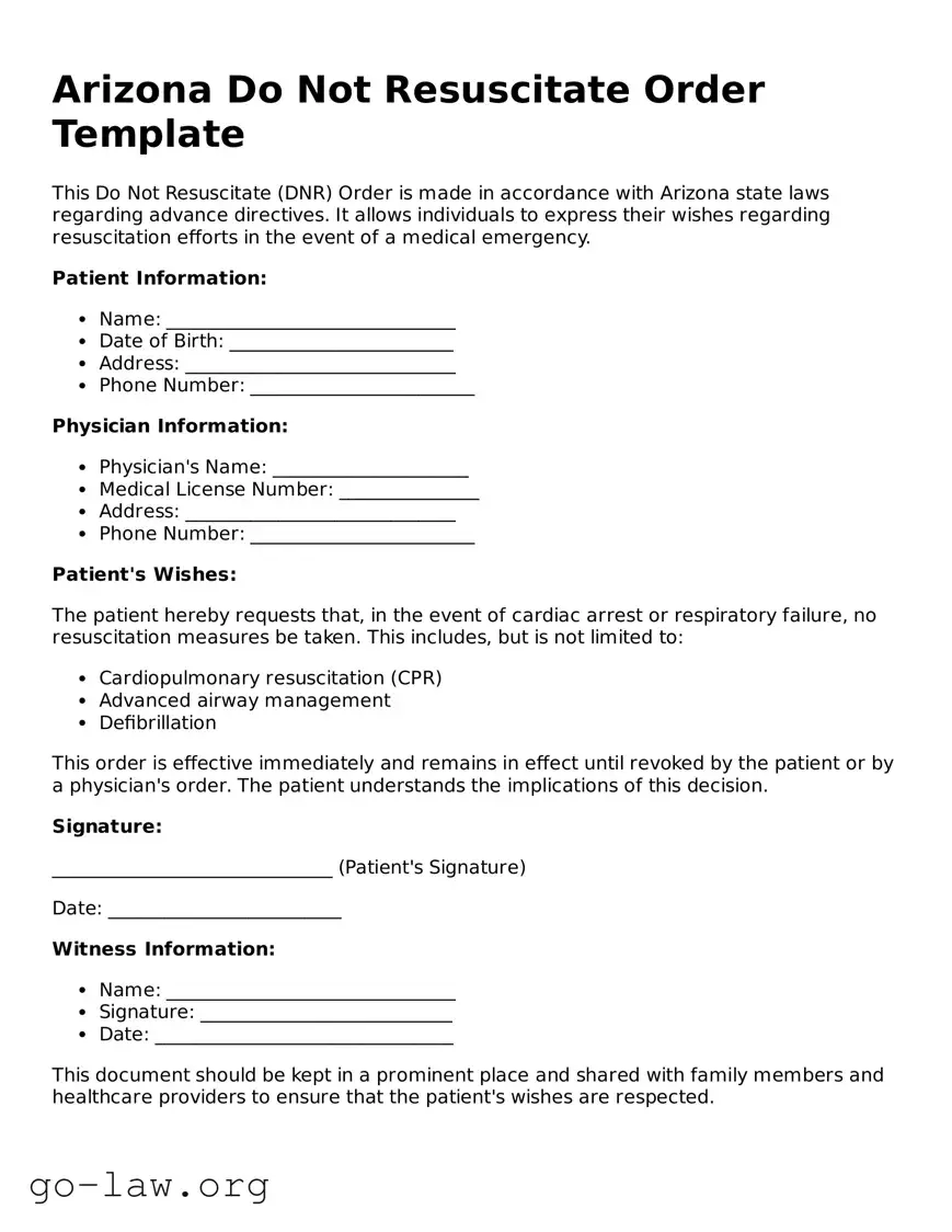 Fillable Arizona Do Not Resuscitate Order Form