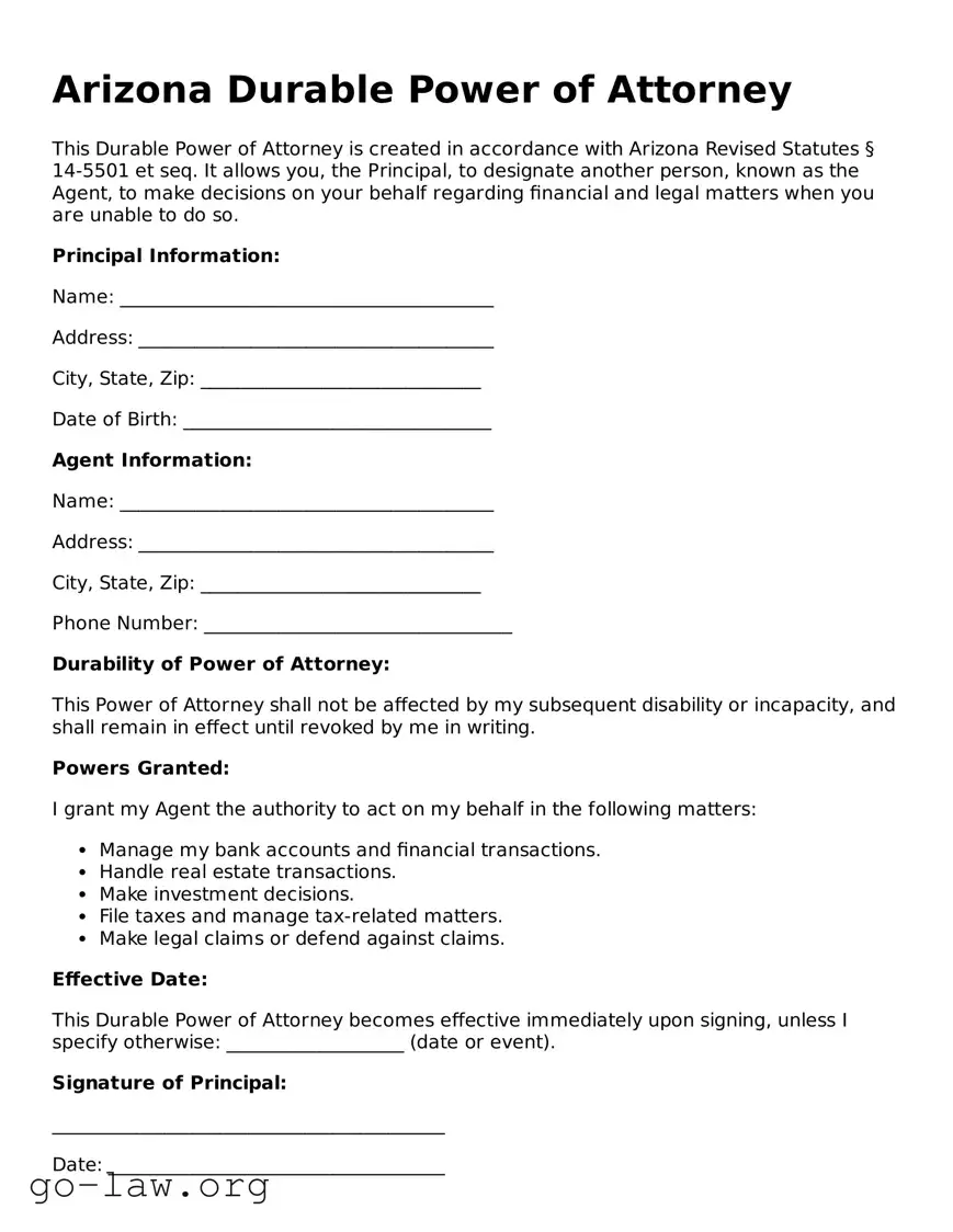 Fillable Arizona Durable Power of Attorney Form