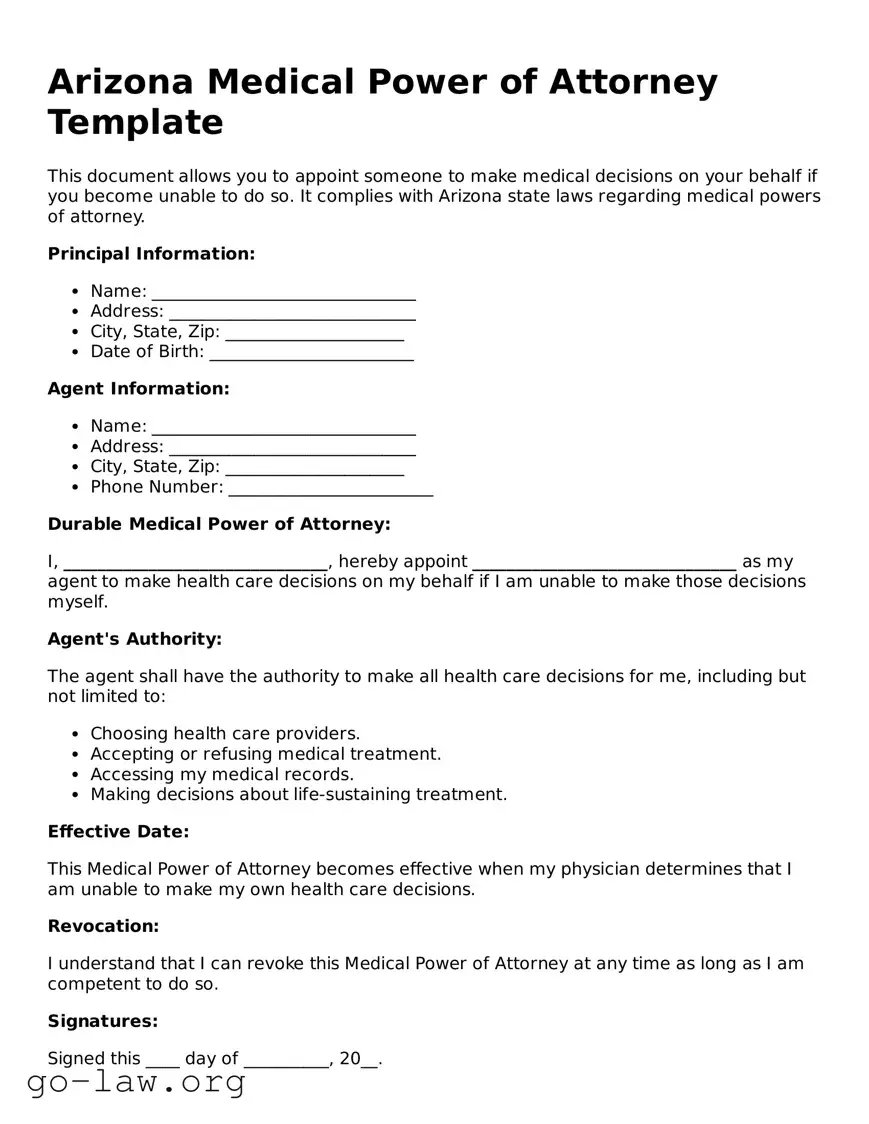 Fillable Arizona Medical Power of Attorney Form