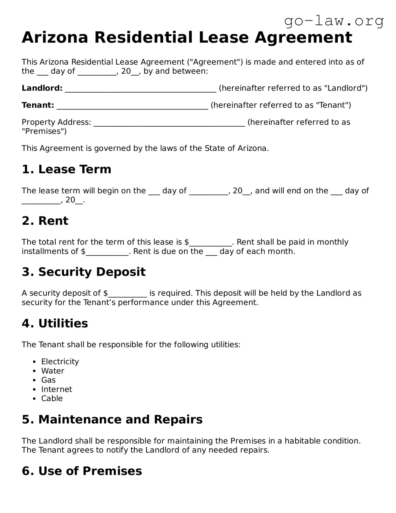 Fillable Arizona Residential Lease Agreement Form
