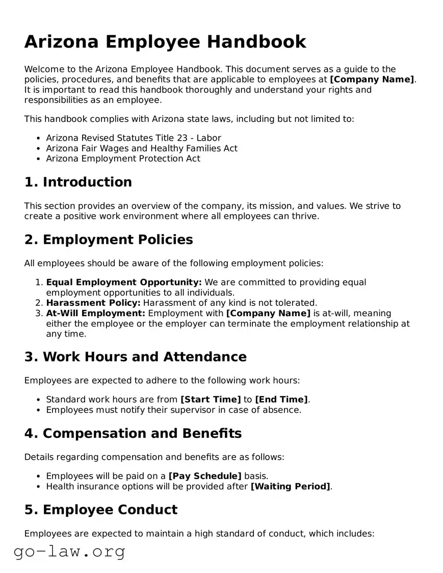 Fillable Arizona Employee Handbook Form