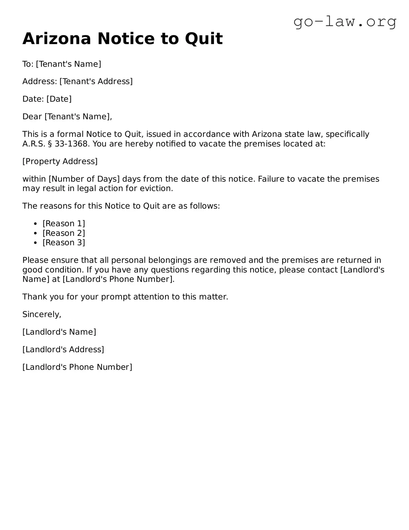 Fillable Arizona Notice to Quit Form