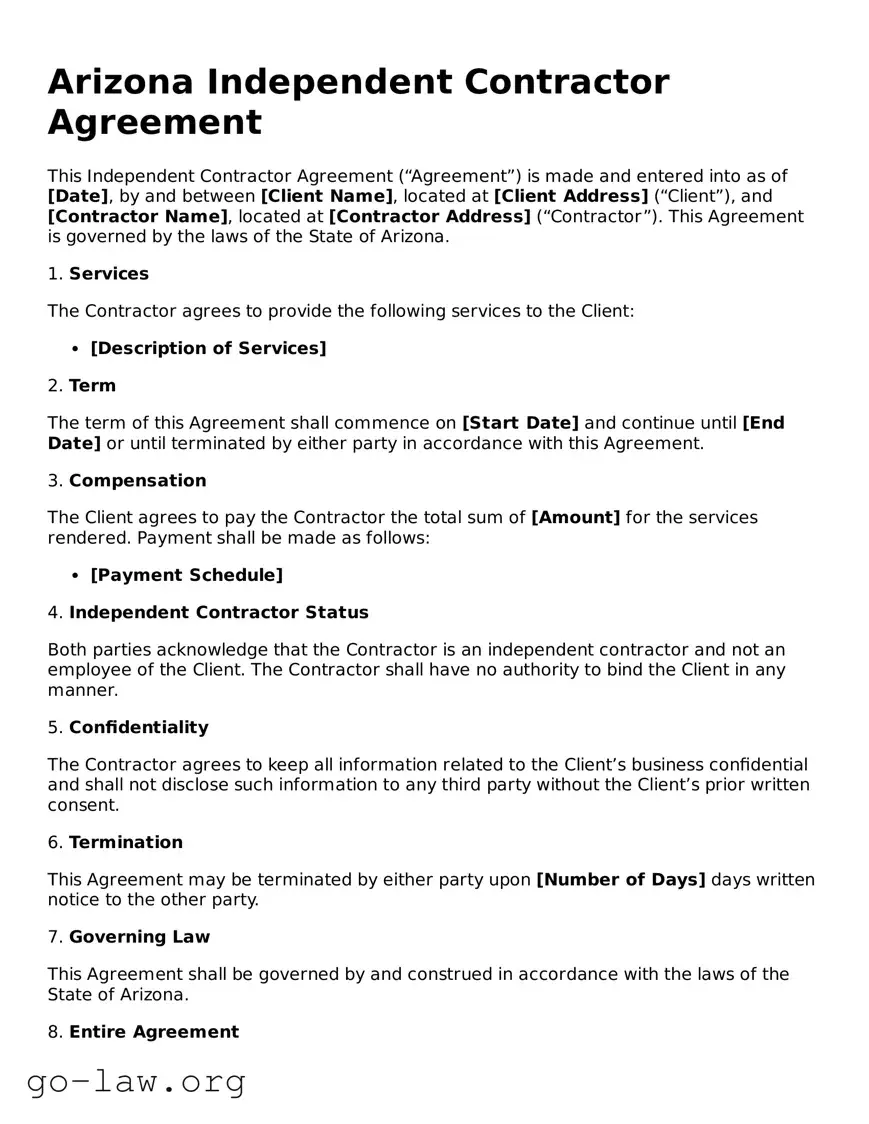 Fillable Arizona Independent Contractor Agreement Form