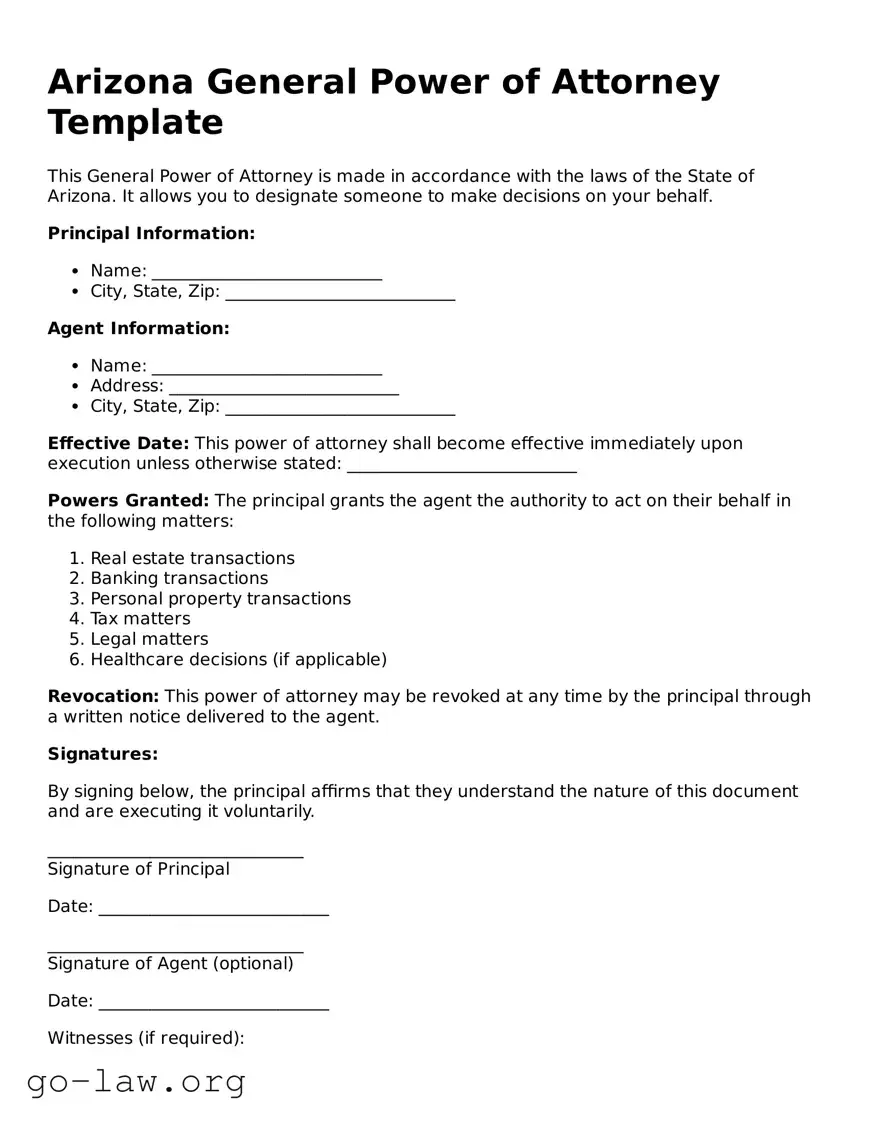 Fillable Arizona General Power of Attorney Form