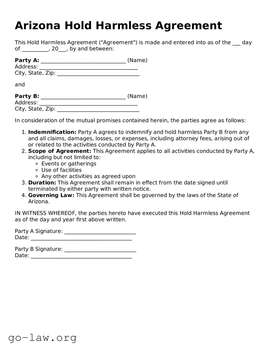 Fillable Arizona Hold Harmless Agreement Form