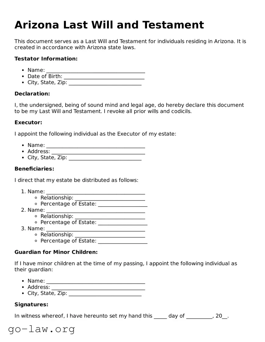 Fillable Arizona Last Will and Testament Form