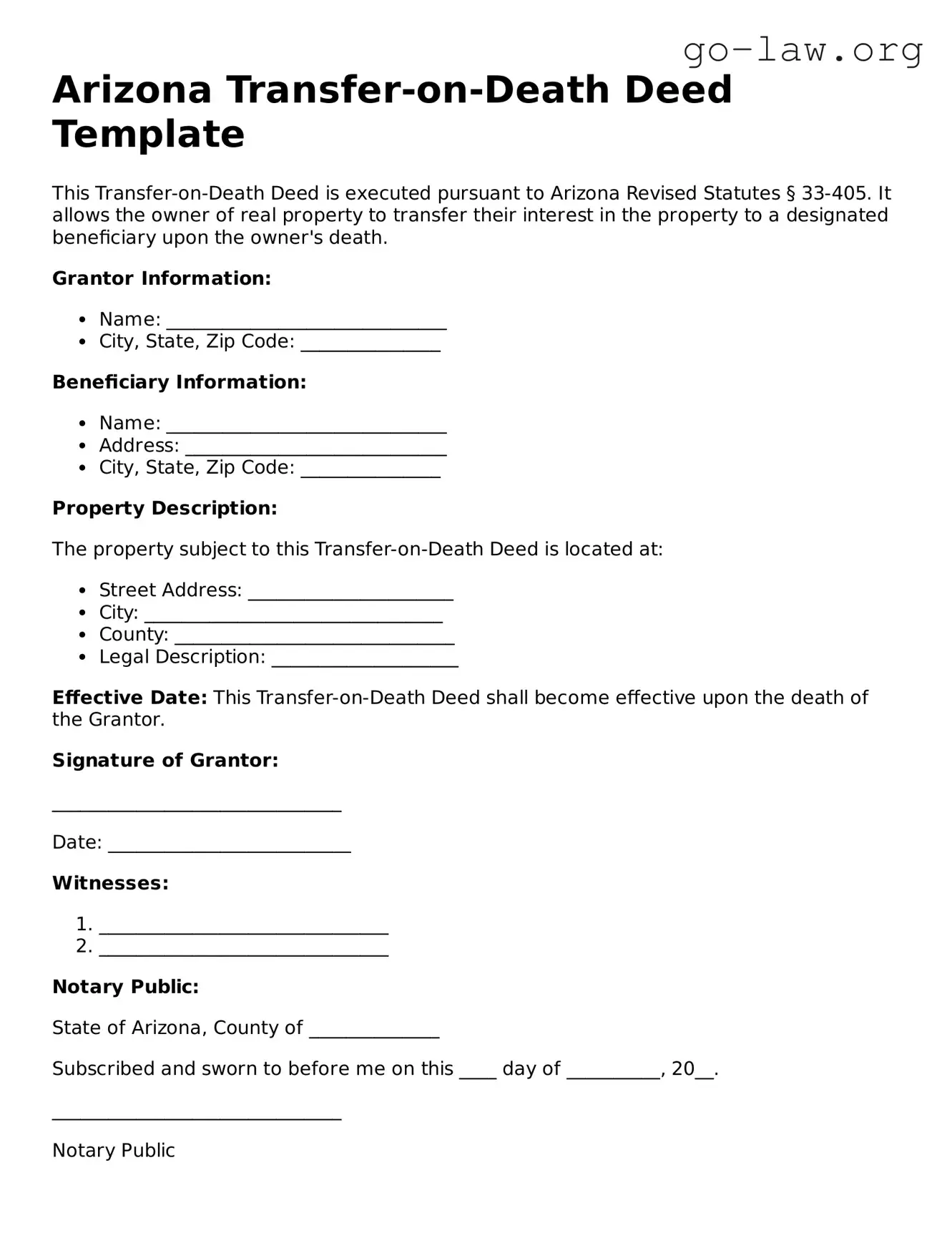 Fillable Arizona Transfer-on-Death Deed Form
