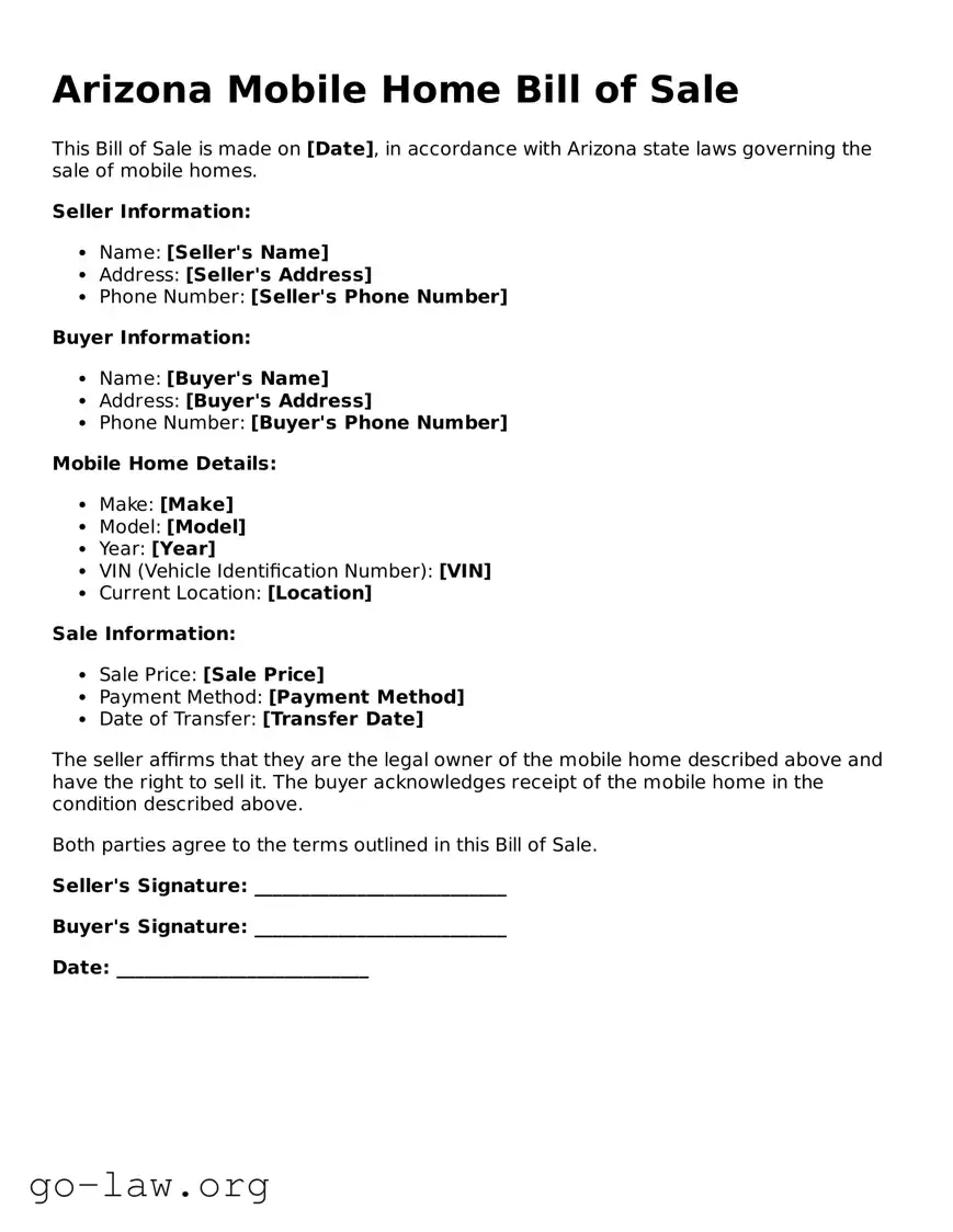 Fillable Arizona Mobile Home Bill of Sale Form