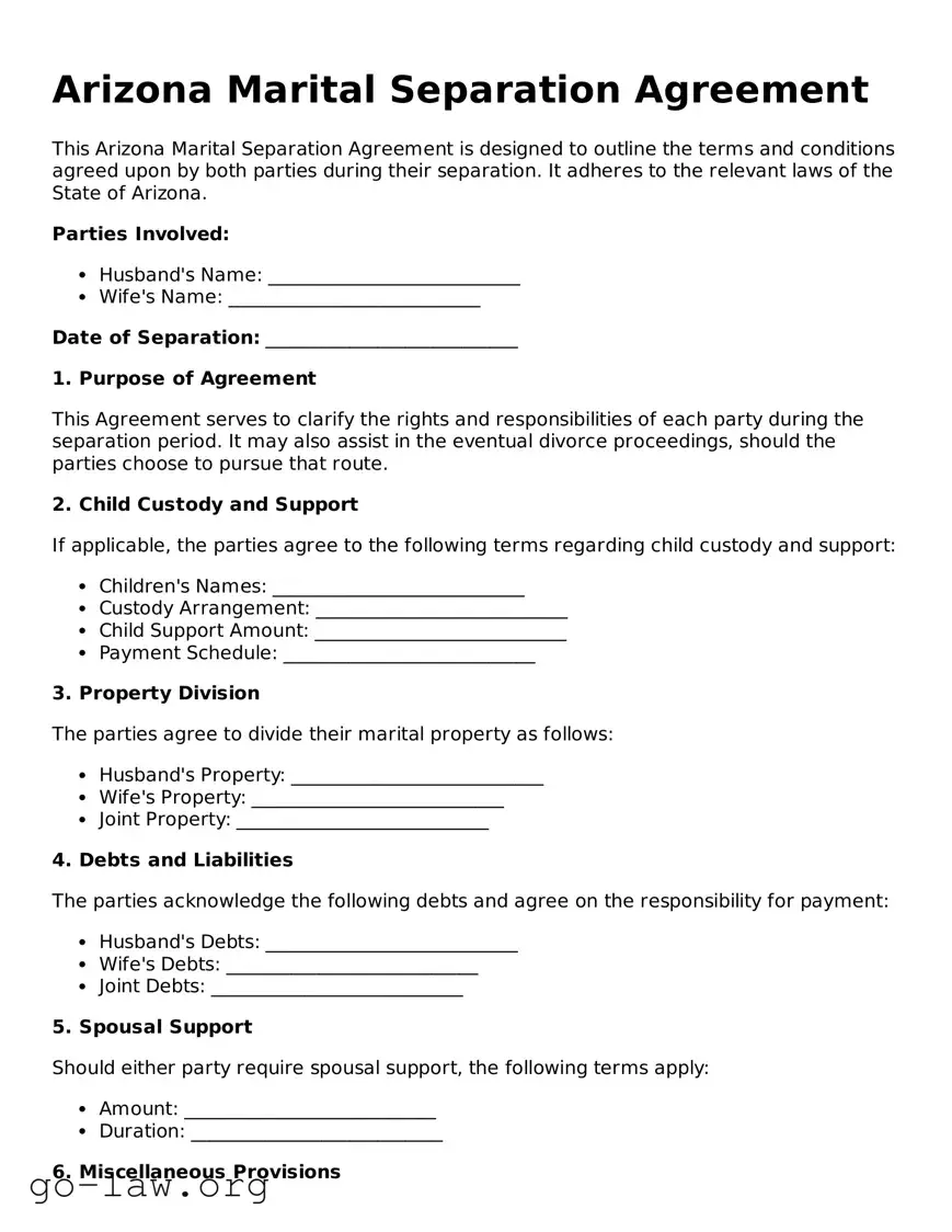 Fillable Arizona Marital Separation Agreement Form