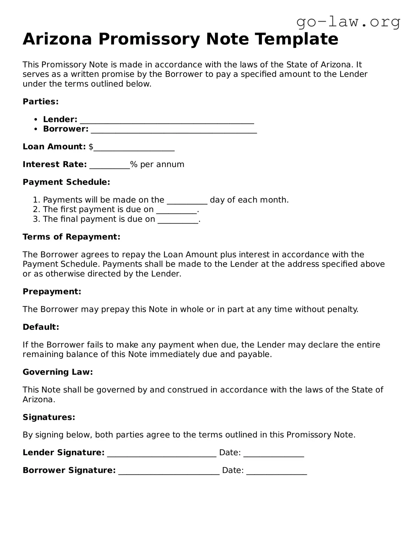Fillable Arizona Promissory Note Form