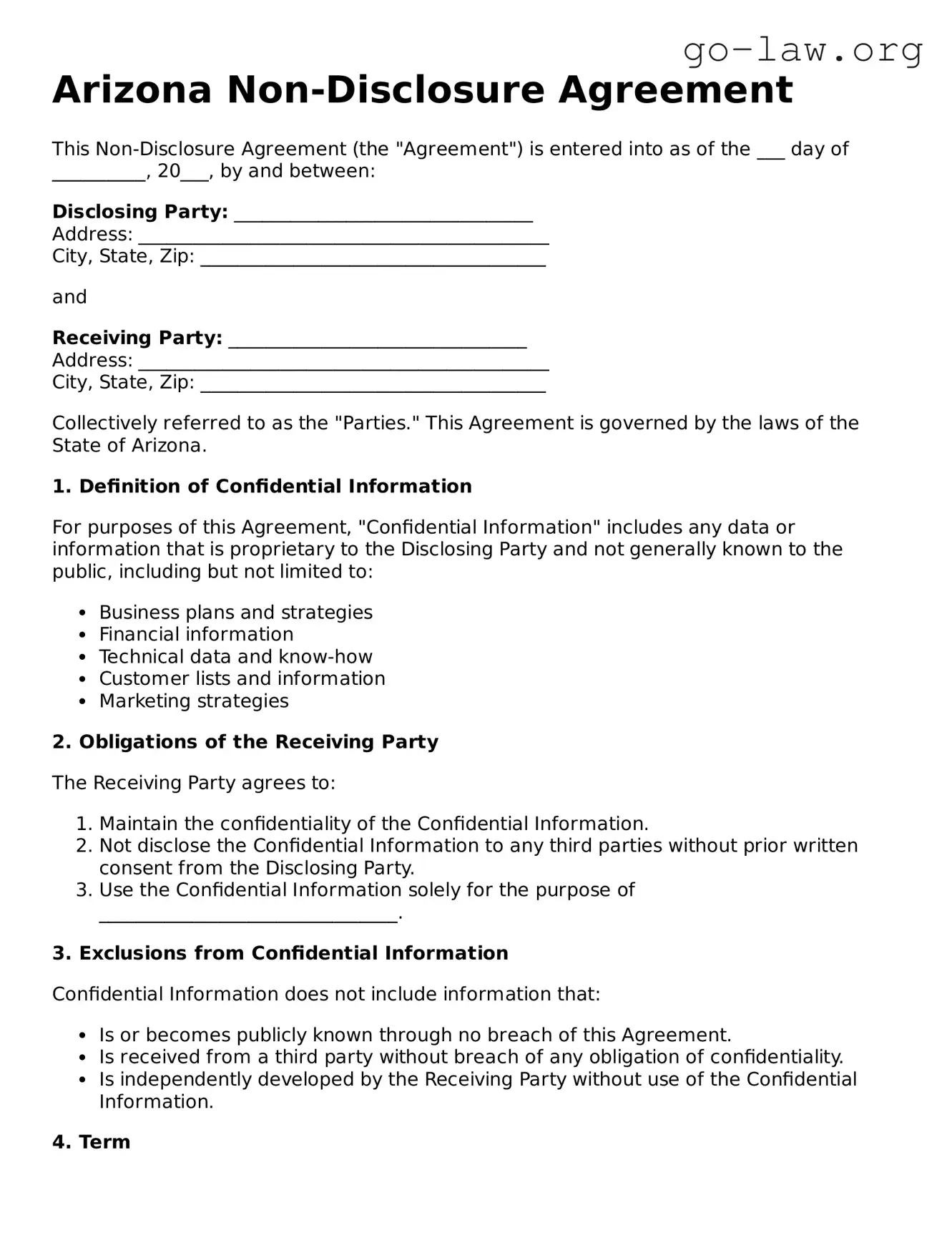 Fillable Arizona Non-disclosure Agreement Form