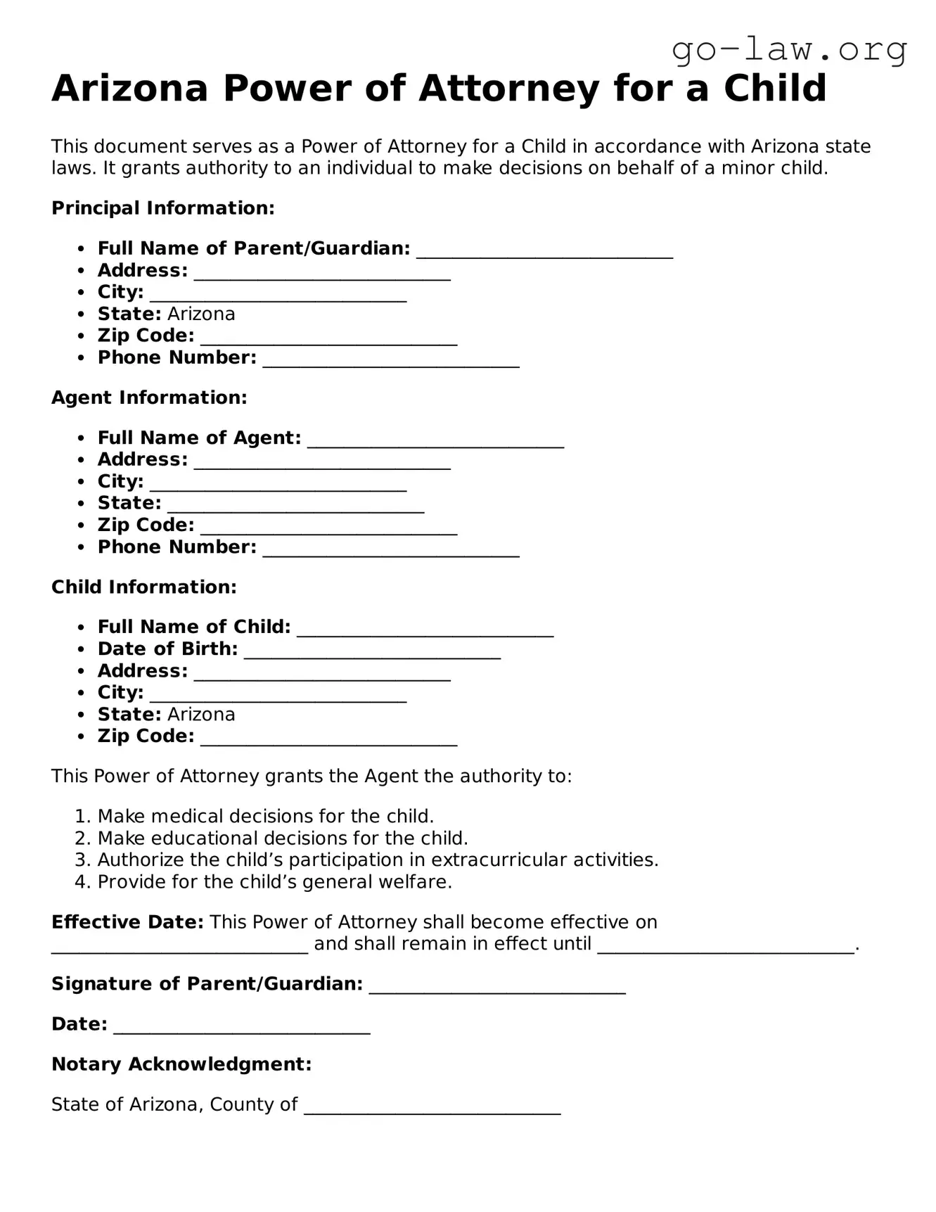 Fillable Arizona Power of Attorney for a Child Form