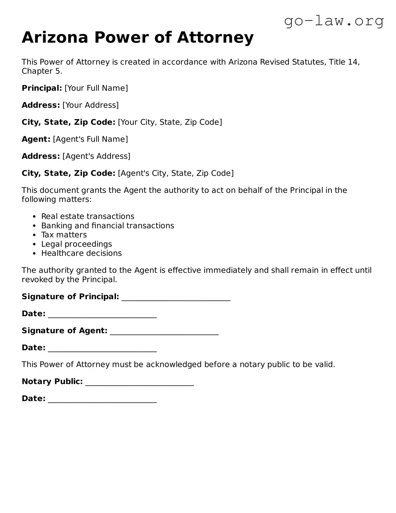 Fillable Arizona Power of Attorney Form