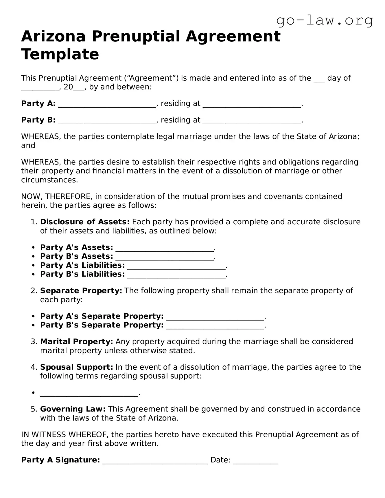 Fillable Arizona Prenuptial Agreement Form