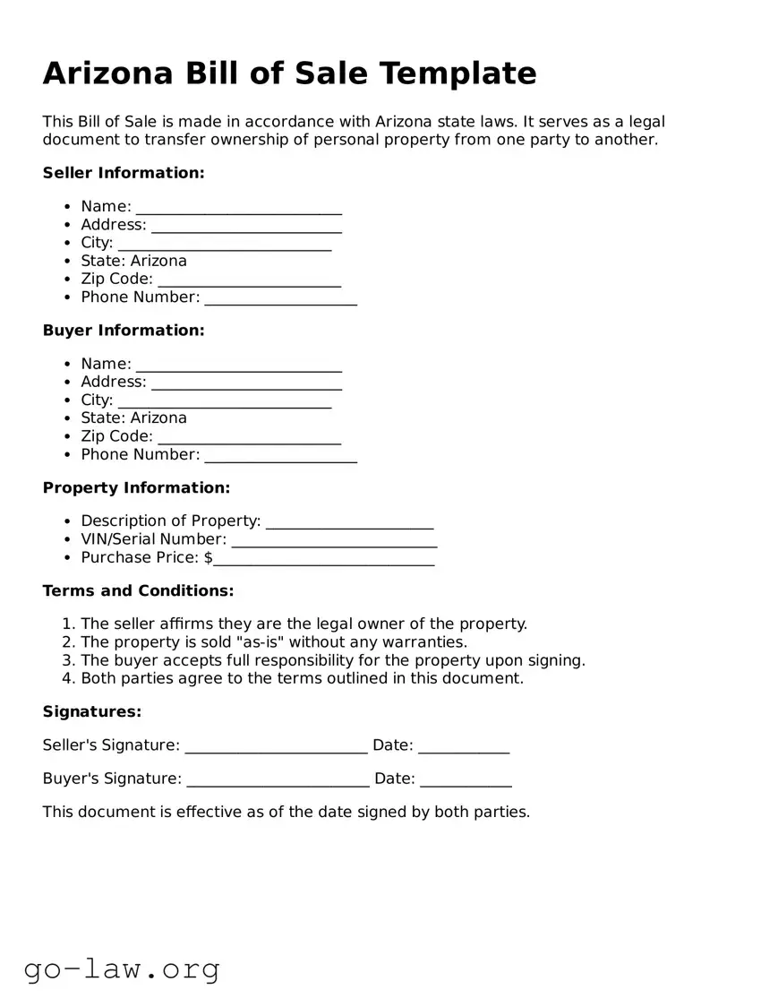 Fillable Arizona Bill of Sale Form
